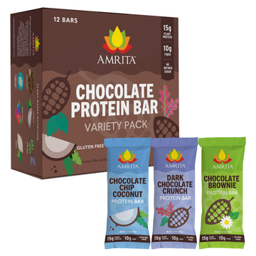 Amrita Chocolate Vegan Protein Bars Variety Pack, Peanut/Dairy Free, Soy & Gluten Free | 15G Plant Based Protein Bars, High Fibe