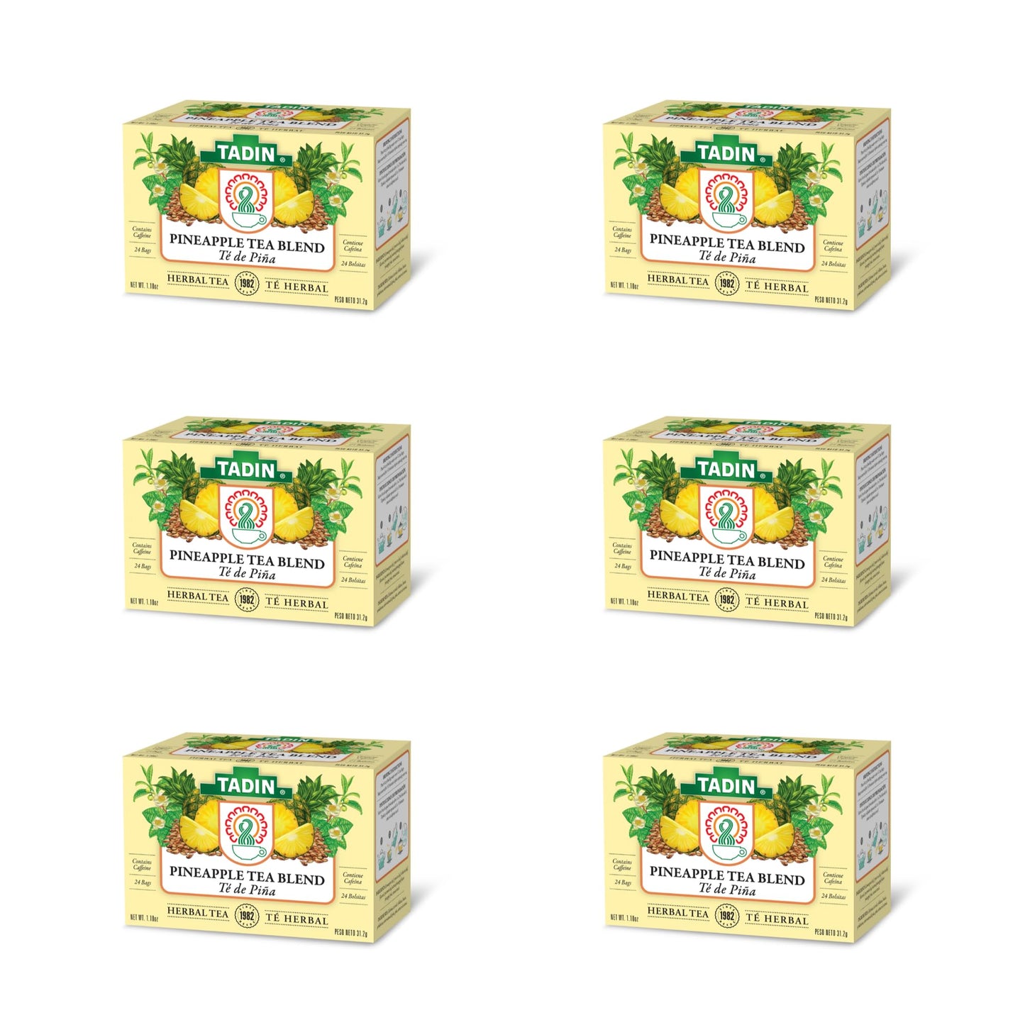 Tadin Pineapple Herbal Tea, Contains Caffeine, 24 Tea Bags Per Box, Pack of 6