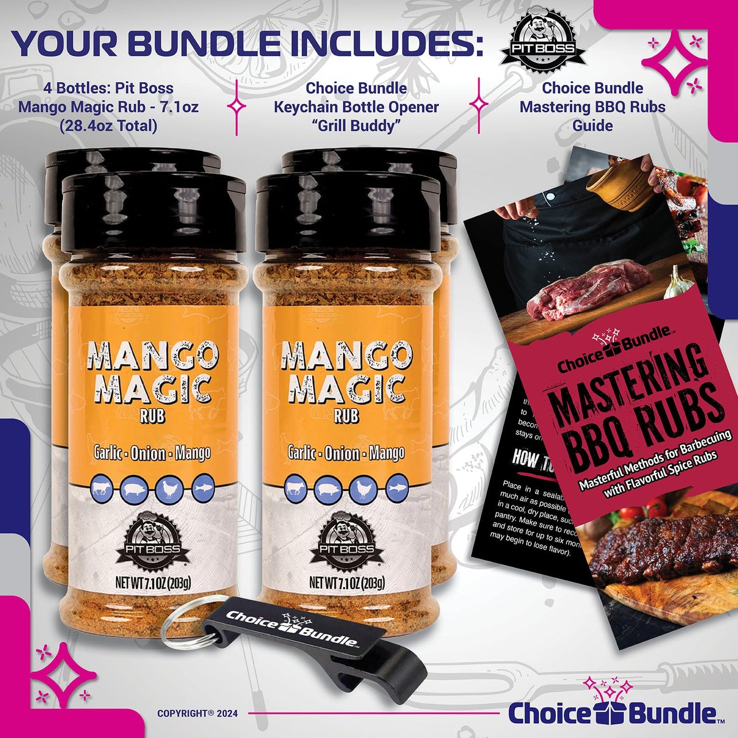 Pit Boss Mango Magic Premium Bbq Barbecue Mixed Seasoning Spice & Dry Rub 4 Pk Choice Bundle (28.4 Oz) + Guide & Keychain Bottle