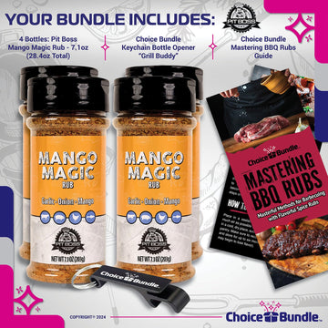 Pit Boss Mango Magic Premium Bbq Barbecue Mixed Seasoning Spice & Dry Rub 4 Pk Choice Bundle (28.4 Oz) + Guide & Keychain Bottle