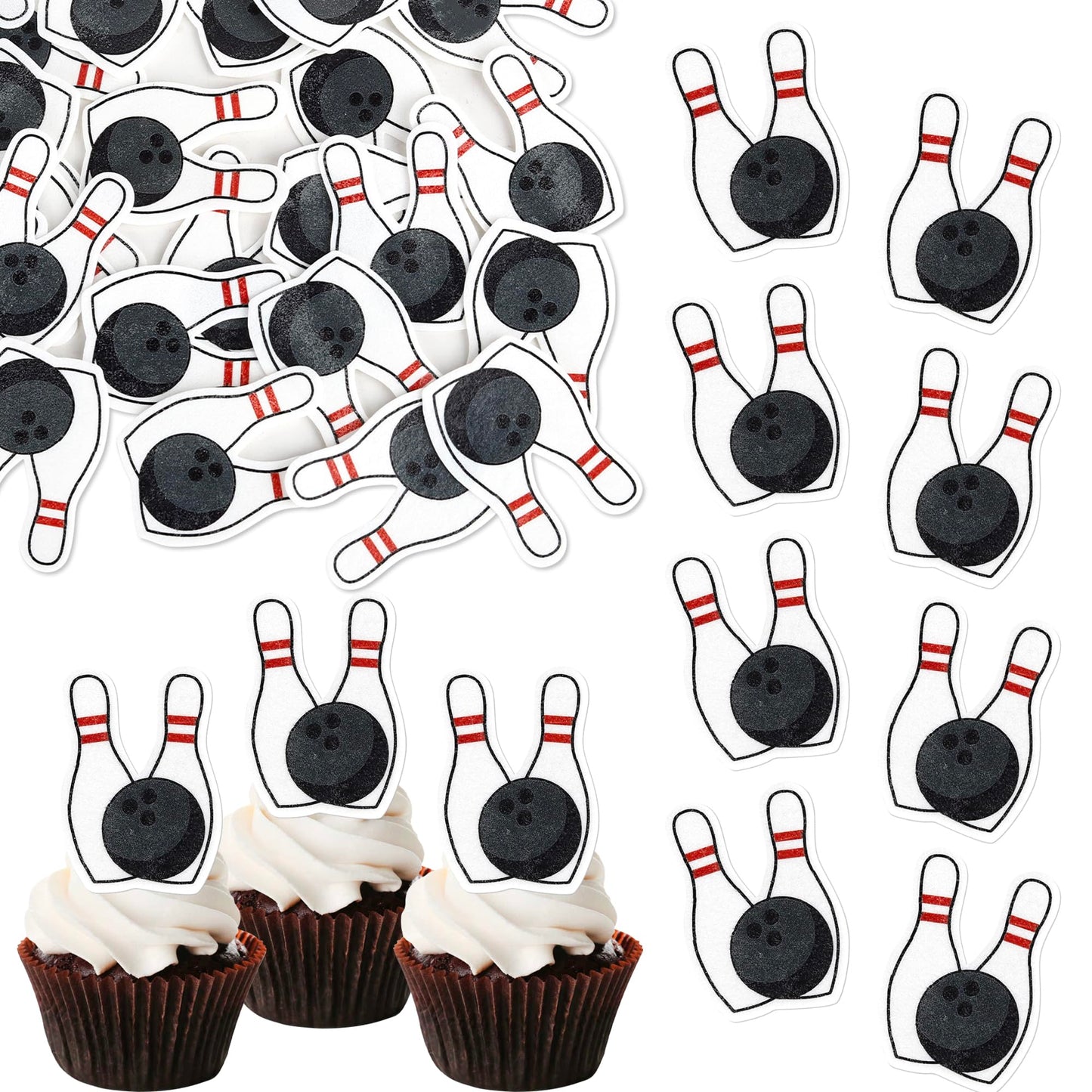 Rsstarxi 48 Pack Edible Bowling Cupcake Toppers - Sport Themed Decorations, 1.2x1.8 inch, Perfect for Birthday Parties & Baby Showers