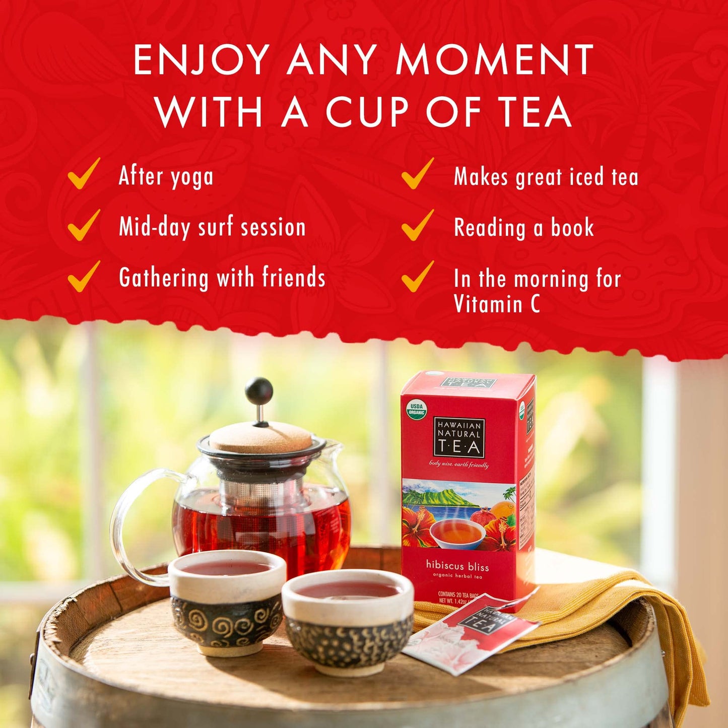 HAWAIIAN NATURAL T·E·A Organic Hibiscus Bliss Herbal Tea, Caffeine-Free, 60 Tea Bags, Vegan, Keto-Friendly, 20 Count (Pack of 3)