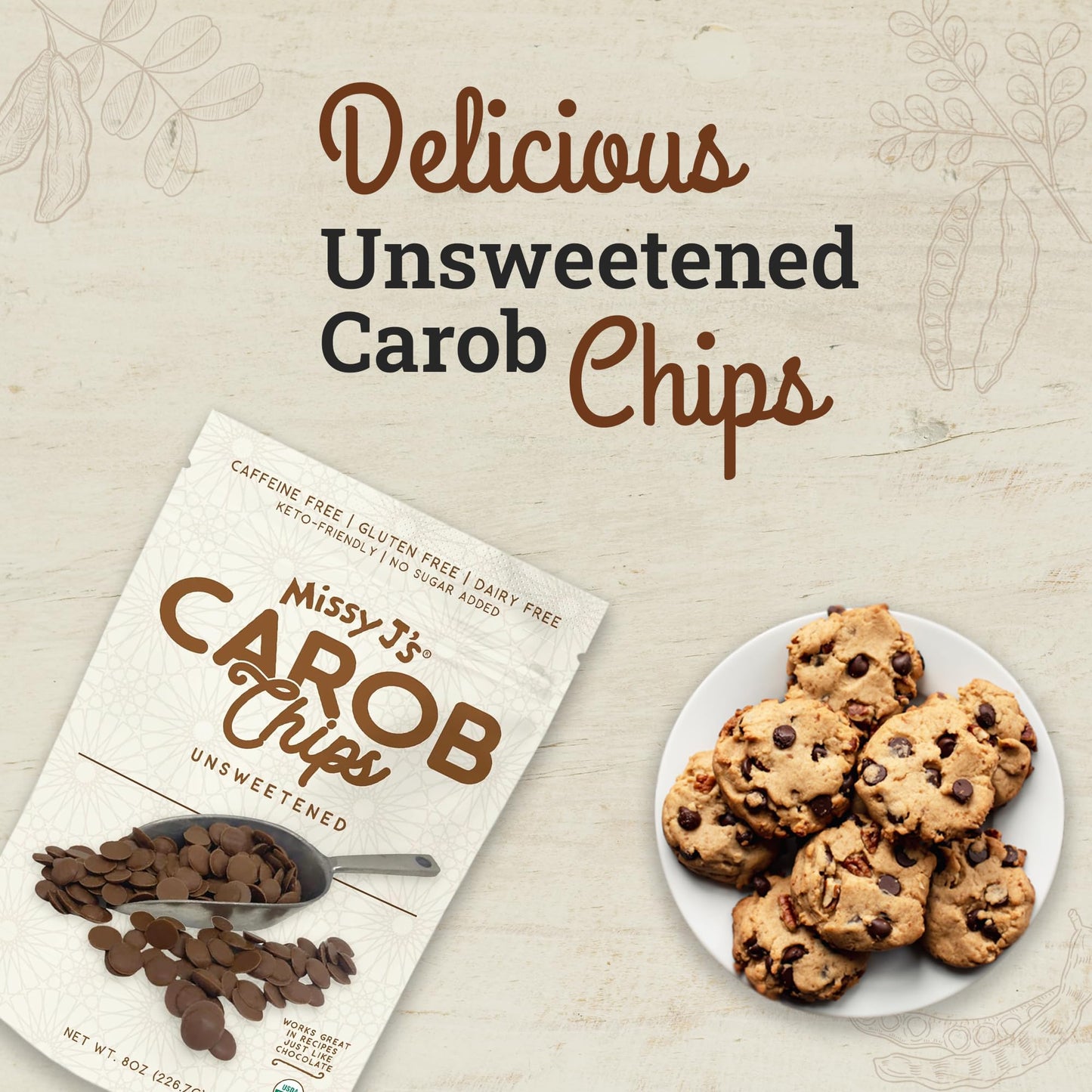Missy Js Organic Unsweetened Carob Chips, Vegan, Gluten-Free, 8 oz, 3 Pack, Chocolate