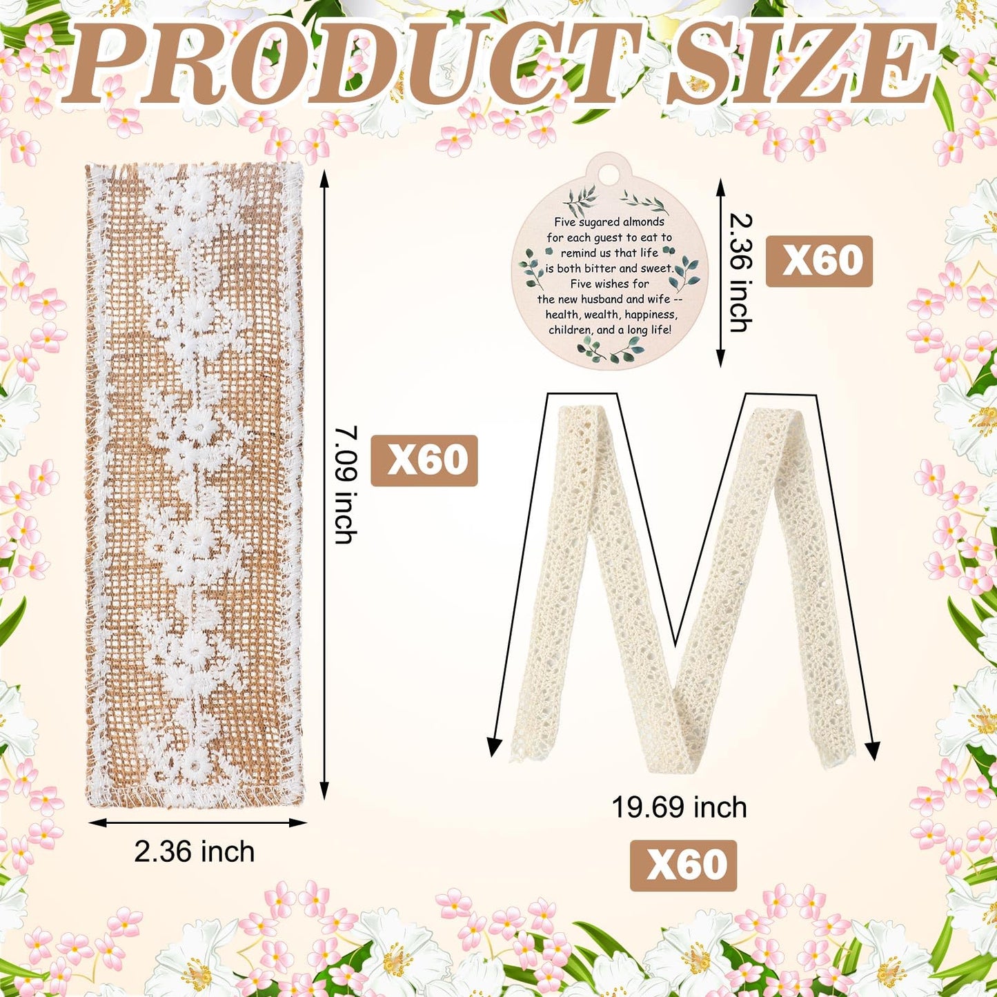 Woanger 60 Set Wedding Almond Candy Favors For Guests Include Lace Packaging And Greeting Card Bridal Souvenirs For Engagement Bridal Shower Italian Wedding Tradition Gift, No Almond Candy