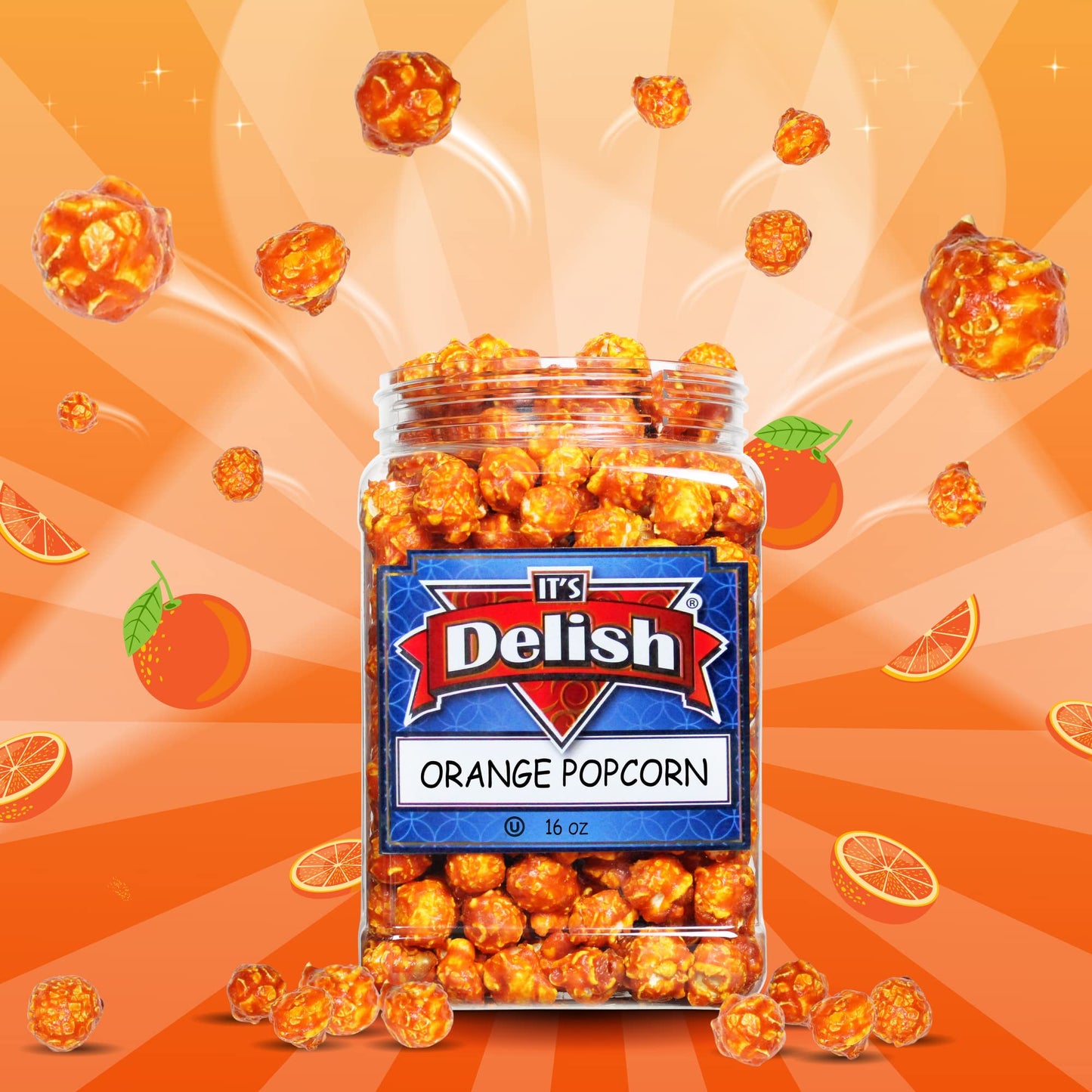 Gourmet Orange Flavored Popcorn by Its Delish, 16 Oz Jumbo Container | Bulk Air Popped Pop Corn Snack - Fruity Orange Themed Ca
