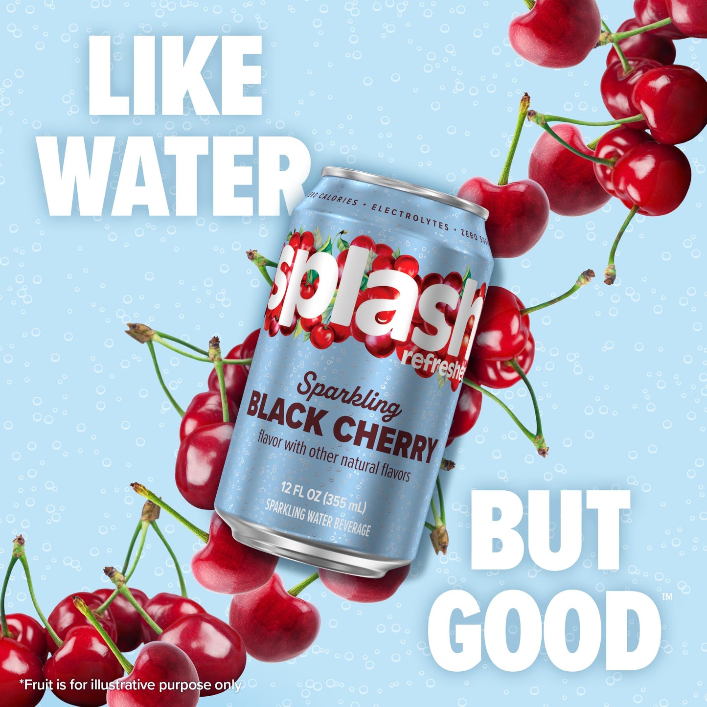 Splash Refresher Sparkling Water, Black Cherry - 8-Pack, 12 Fl Oz Cans - Flavored Carbonated Seltzer Water with Electrolytes, Ze