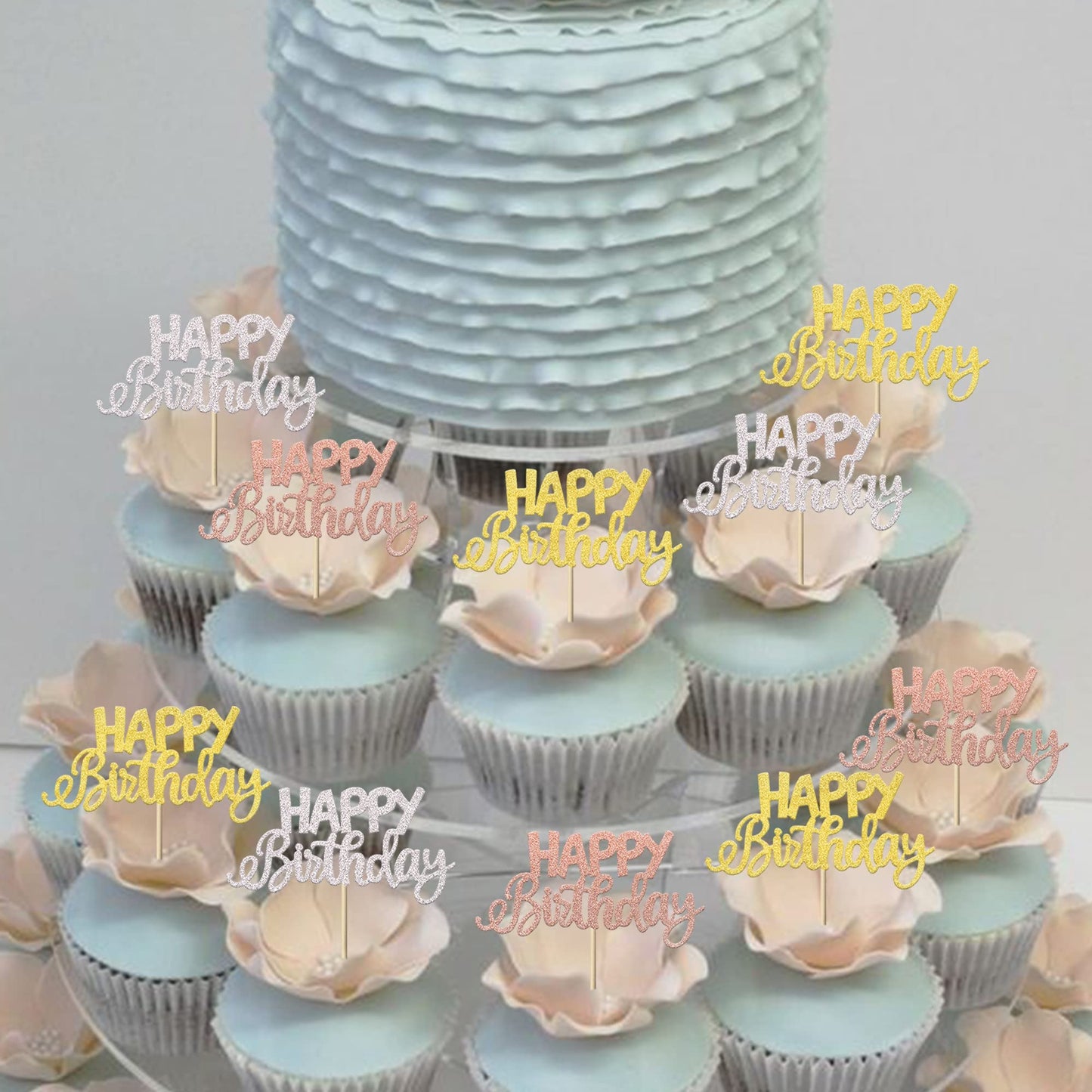 YCTHUNFISH 24 Pack Cupcake Toppers, Glitter Birthday Picks, Baby Shower Decorations, Colorful Bamboo, Gold Accent
