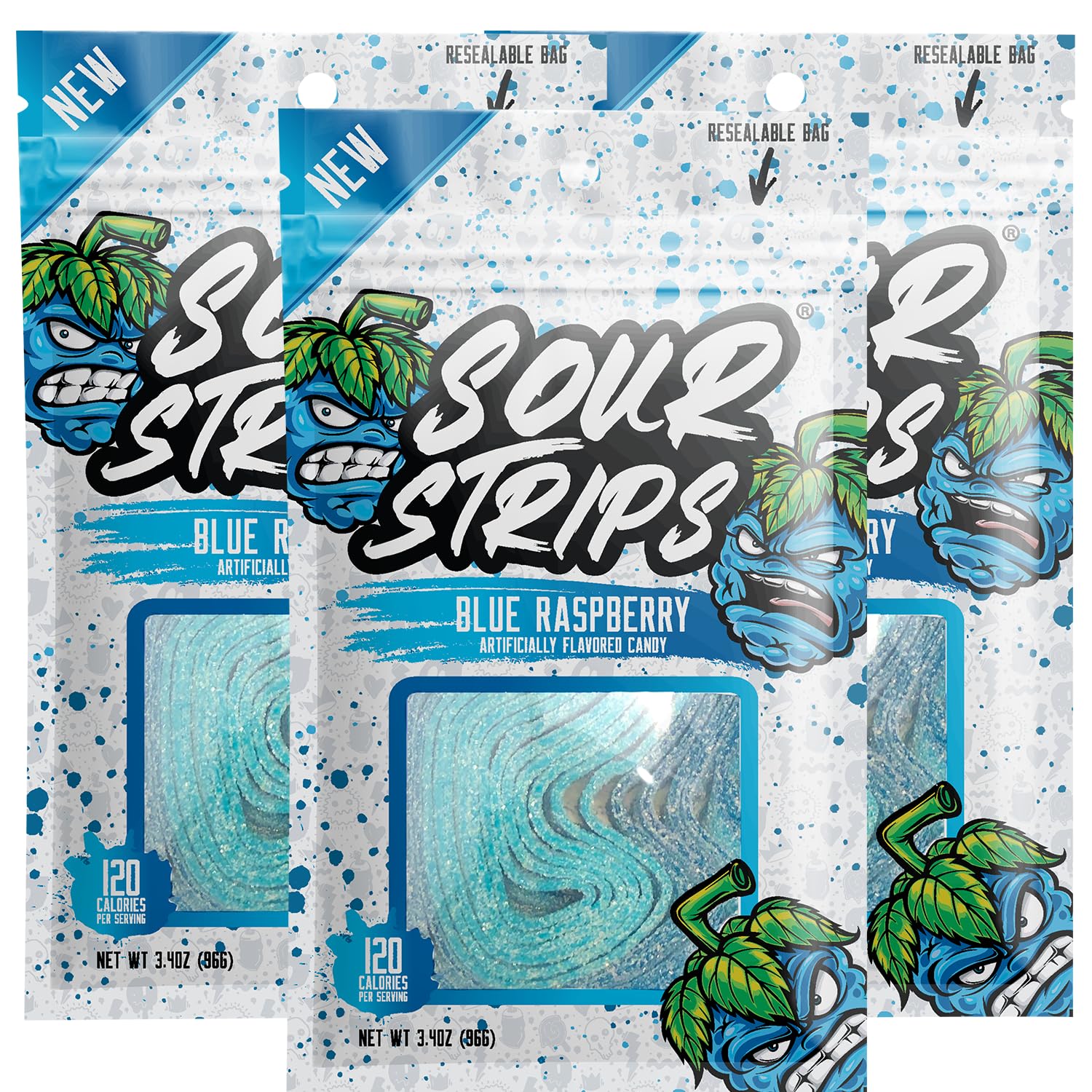 Sour Strips Flavored Sour Candy Strips, Deliciously Sour Chewy Candy Belts, Vegetarian Candies, 3 Pack (Blue Raspberry (3-Pack))