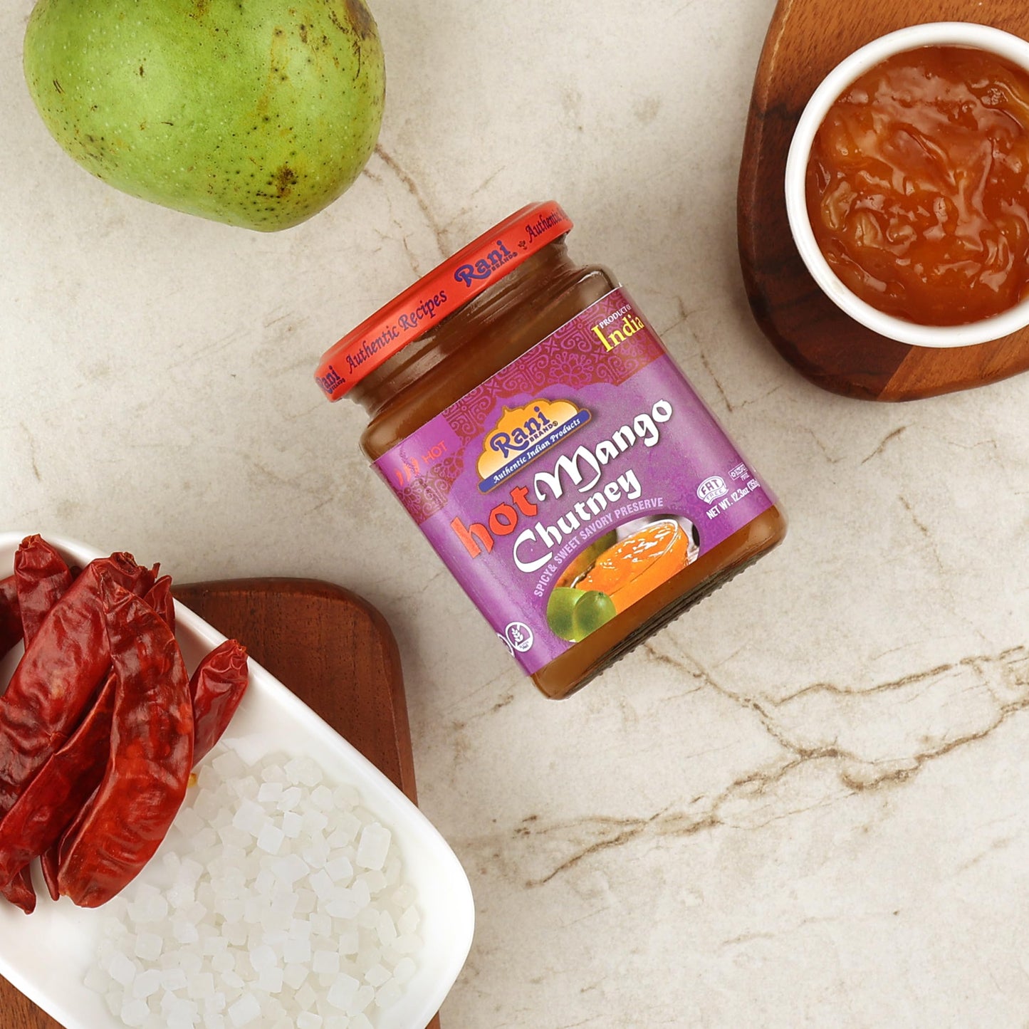 Rani Hot Mango Chutney (Spicy Indian Preserve) 12.5Oz (350G) Glass Jar, Ready To Eat, Vegan, Pack Of 5+1 Free ~ Gluten Free, All