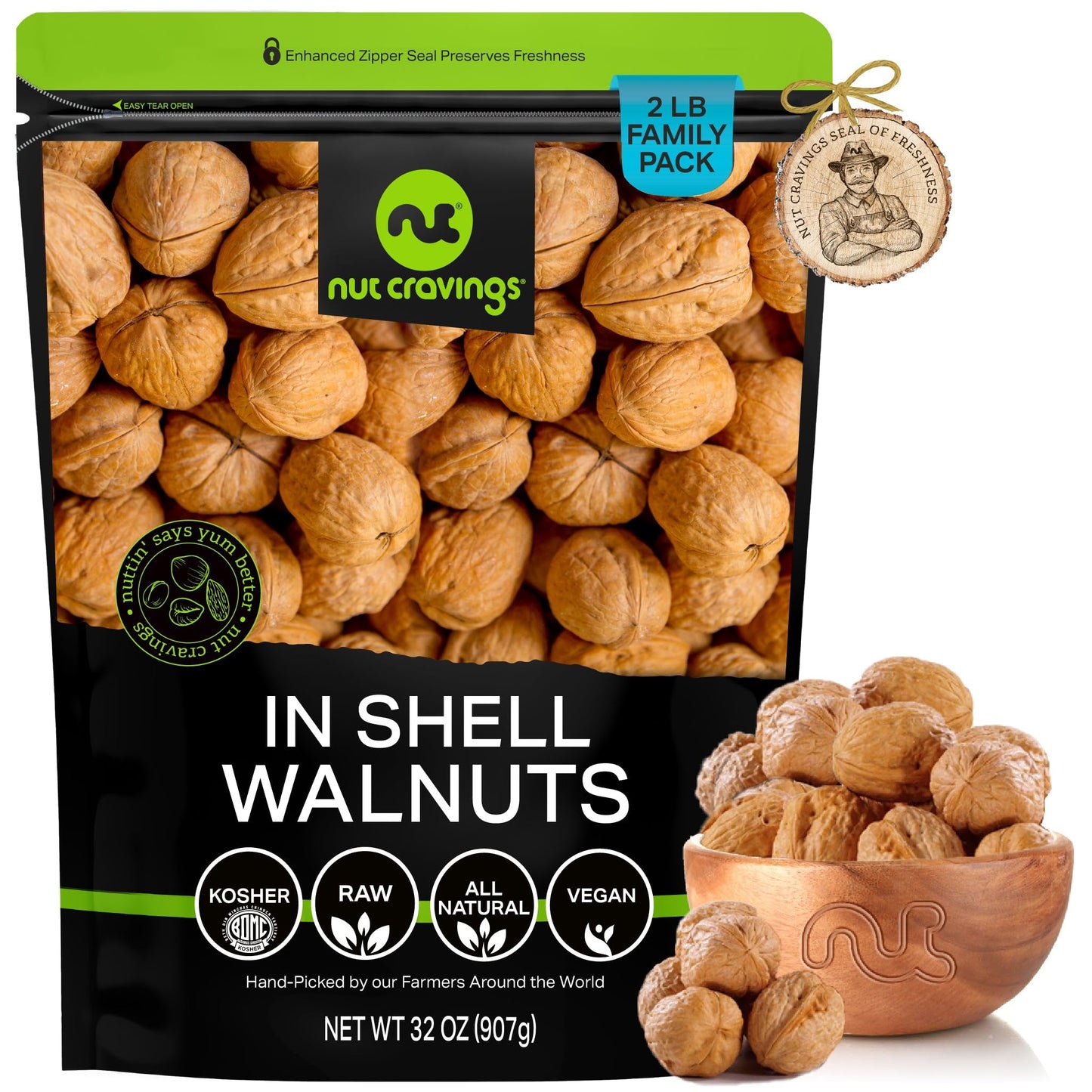 NUT CRAVINGS - Raw Walnuts In Shell, Whole, (32oz - 2 LB) Packed Fresh in Resealable Bag - Nut Snack - Healthy Protein Food, All