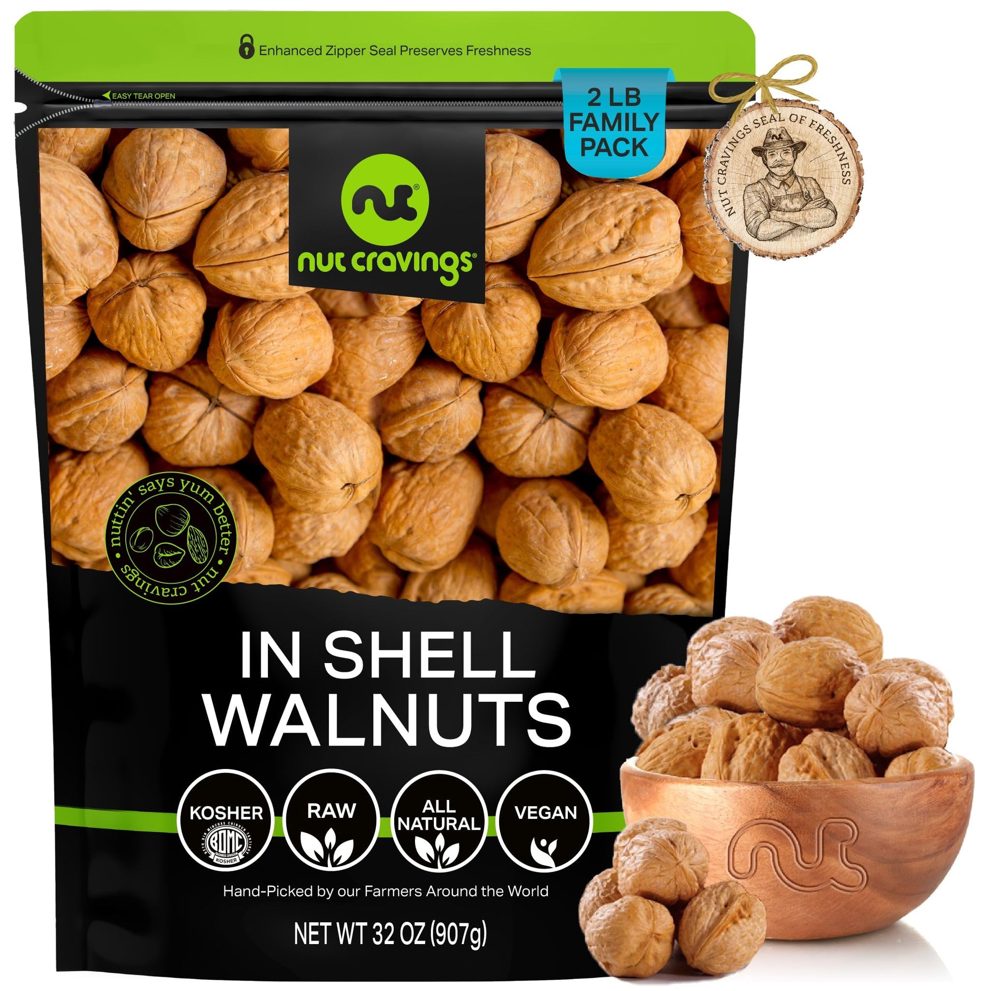 NUT CRAVINGS - Raw Walnuts In Shell, Whole, (32oz - 2 LB) Packed Fresh in Resealable Bag - Nut Snack - Healthy Protein Food, All
