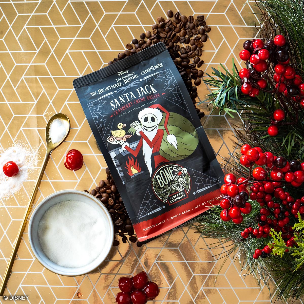 Bones Coffee Company Santa Jack Ground Coffee Beans Cranberry Creme Brulee, Low Acid Coffee Made With Arabica Coffee Beans, Medi