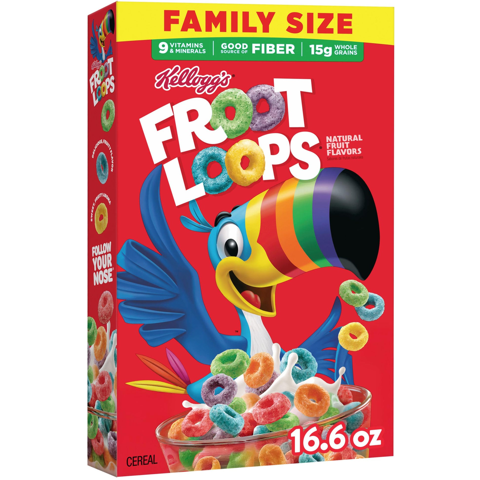 Kelloggs Froot Loops Breakfast Cereal, Good Source of Fiber, 15g Whole Grain, Family Size, 16.6 oz