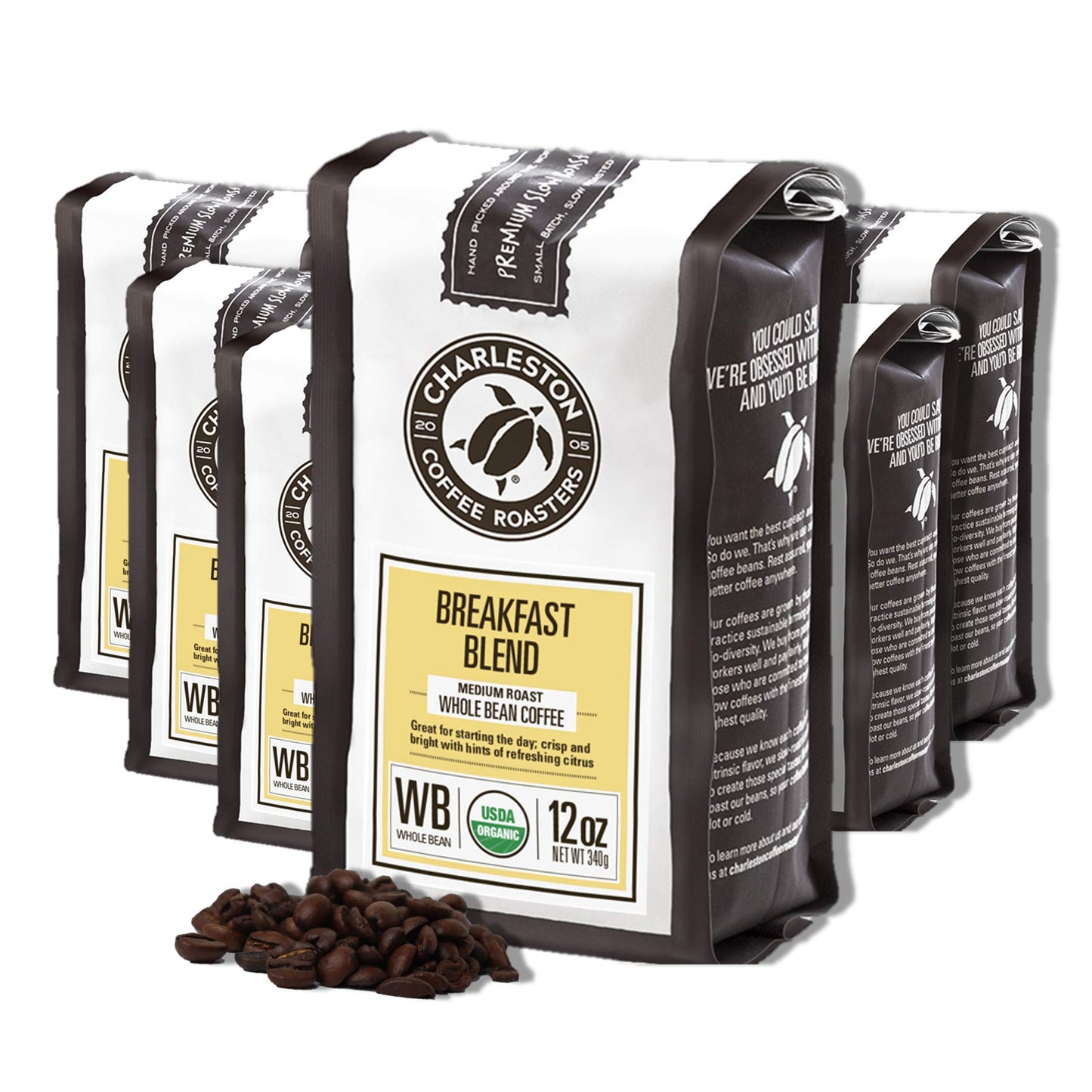 Charleston Coffee Roasters | Specialty Organic Whole Bean Coffee | Hand Picked, Premium Slow Roast | (Breakfast Blend, Medium Roast) 12Oz, 6 Pack