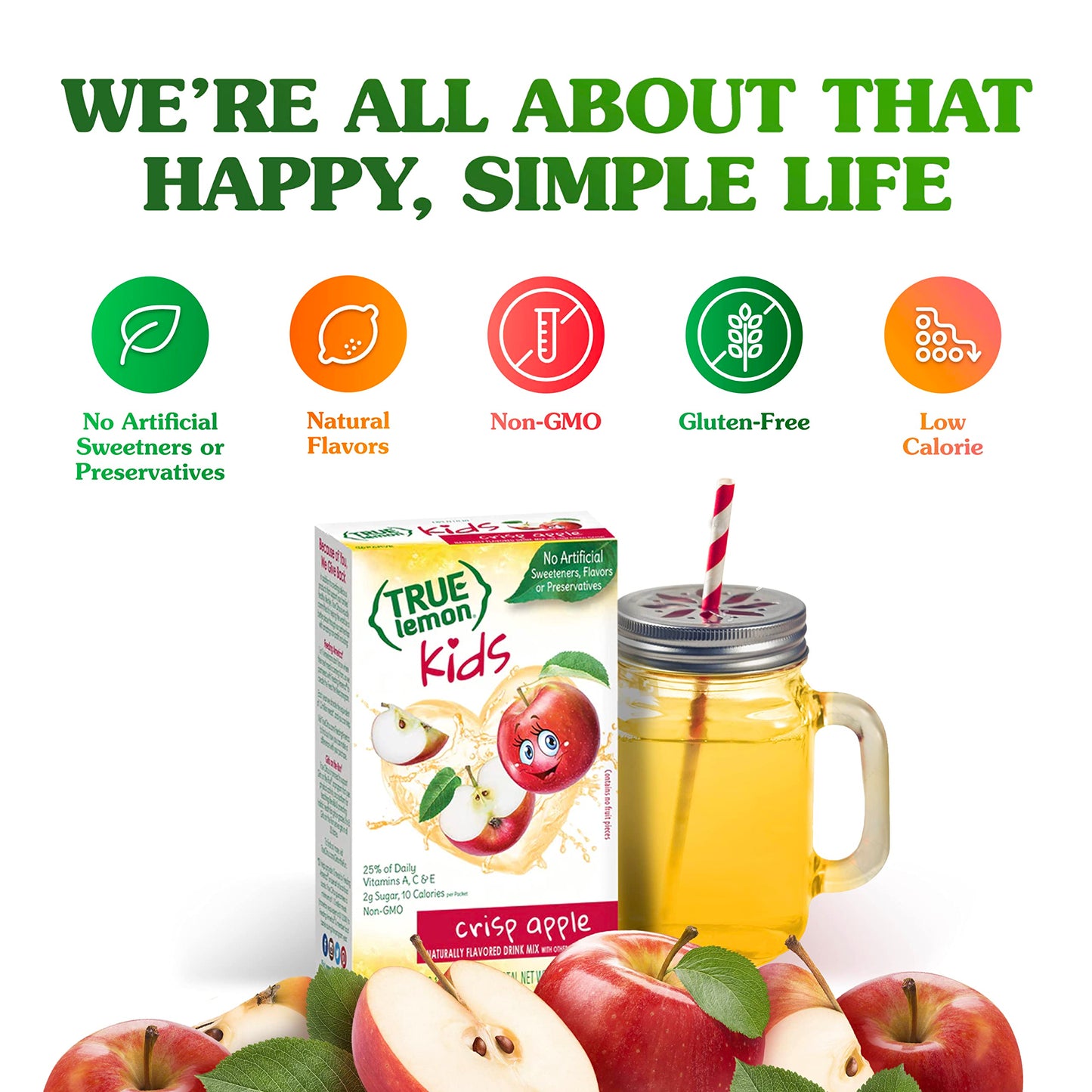 TRUE LEMON KIDS Crisp Apple (10 Packets) - Hydration, No Preservatives, No Artificial Flavors, No Sweeteners - Low Sugar Water F