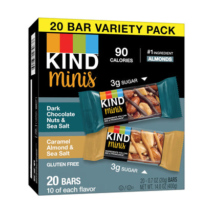 KIND Minis Snack Bars, Dark Chocolate Nuts & Sea Salt and Caramel Almond & Sea Salt, 3g Sugar, Gluten Free Bars, Variety Pack, 0