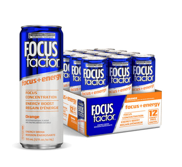 Focus Factor Energy Drink - Sugar Free, Low Calorie, Lightly Carbonated - Pack of 12 x 355ml Cans - Orange Flavour