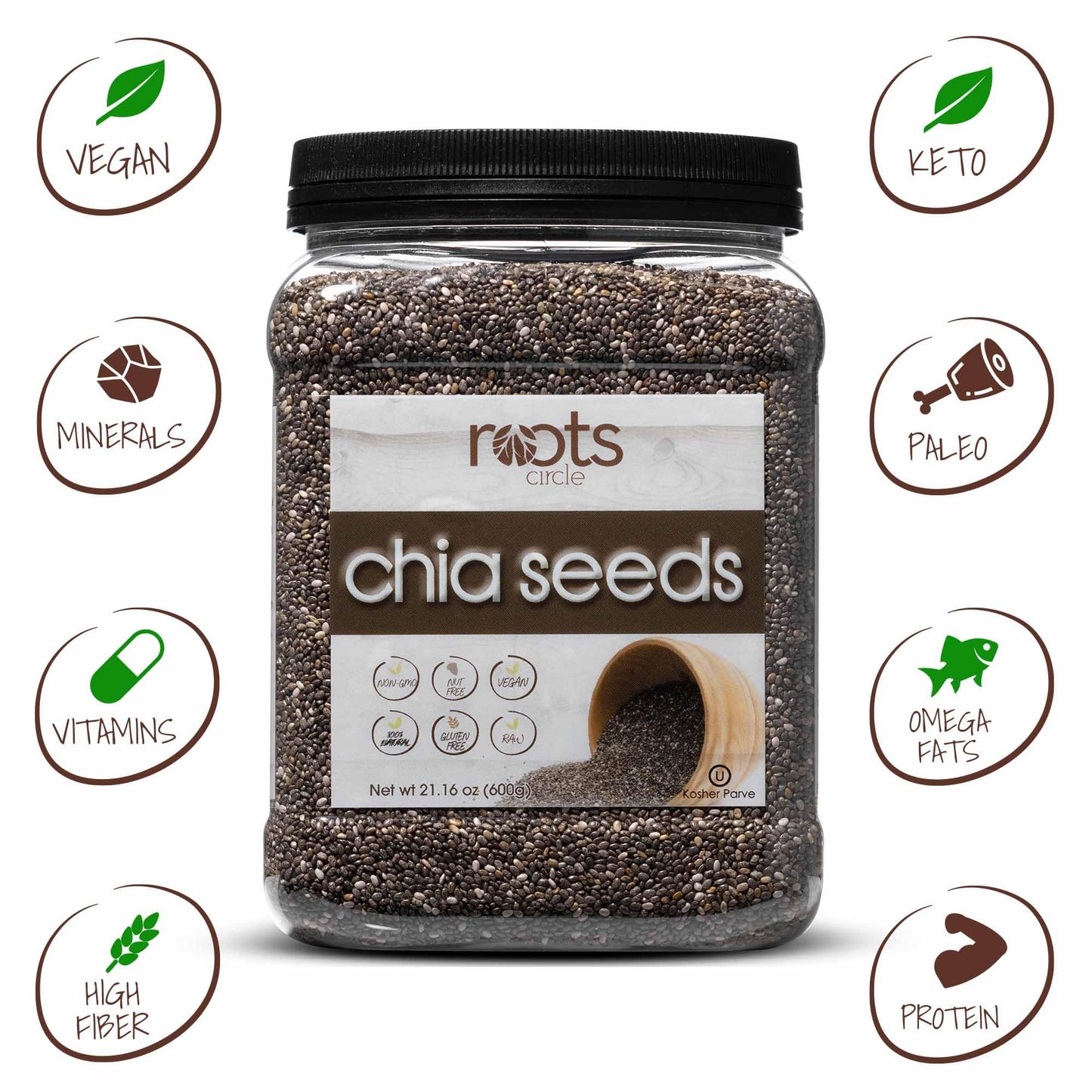 Roots Circle Chia Seeds, Non-GMO, Vegan, Gluten Free, 1.3 lb (Pack of 2)