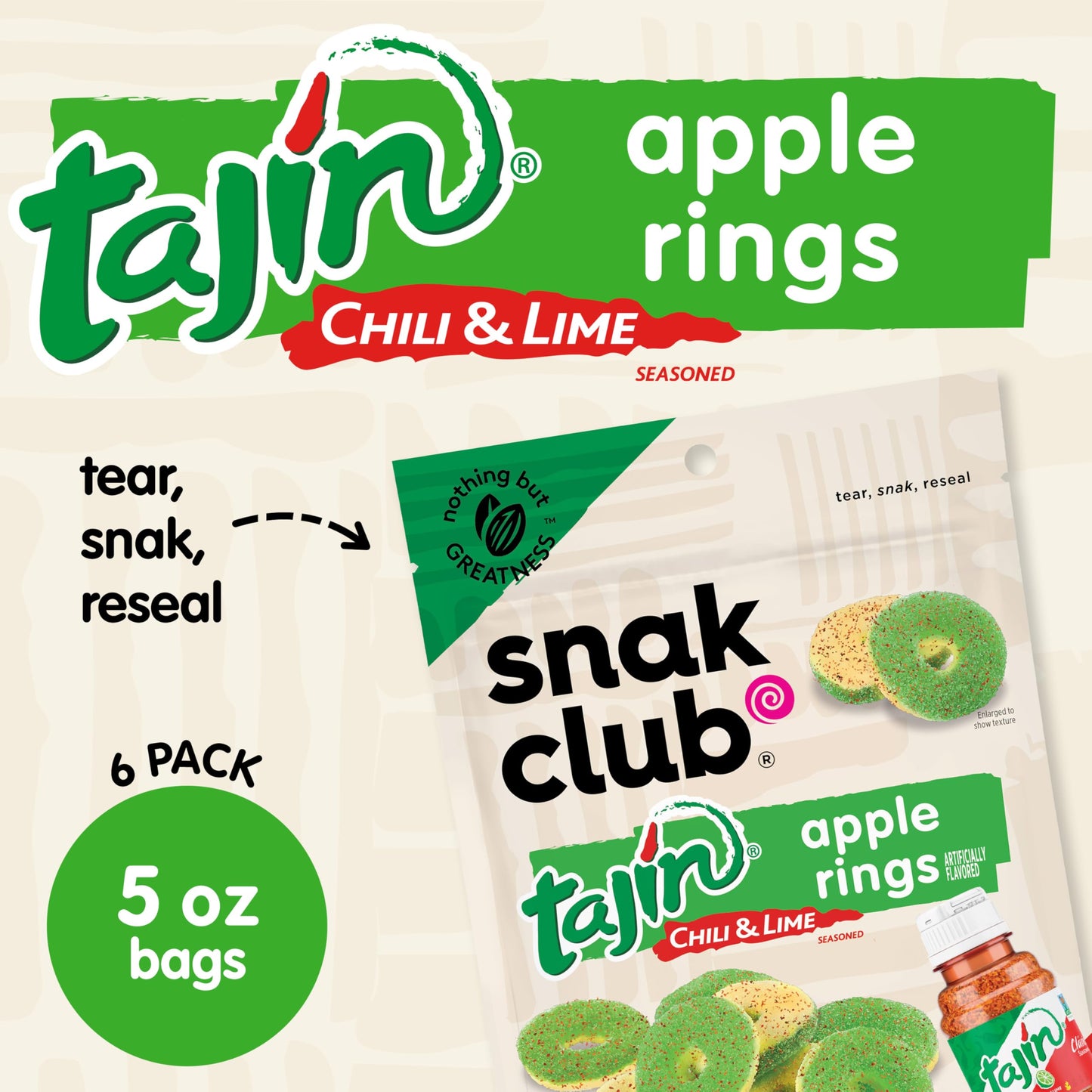 Snak Club Gummy Candy Apple Rings with Chili & Lime, Gluten-Free & Vegan, 5 oz Resealable Bags, 6 Pack, Green and Pink