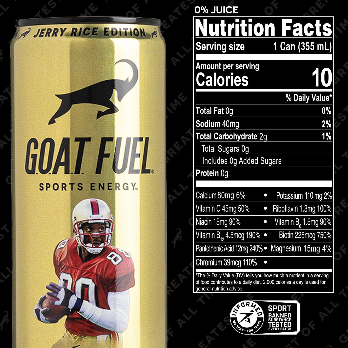 G.O.A.T. Fuel Energy Drink, Co-Founded By Jerry Rice, Natural Caffeine, Electrolytes, Bcaas, Cordyceps Mushrooms & Antioxidants, Light Carbonation Pre Workout, 12 Pack, 12 Fl Oz, Tropical Berry