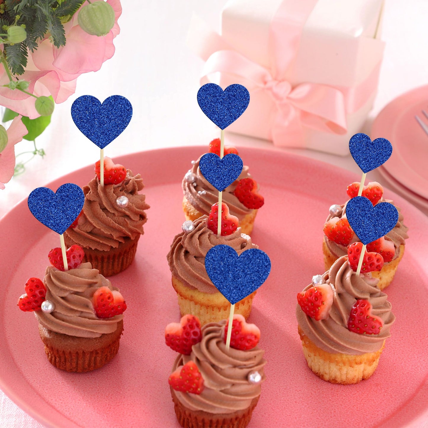 Gyufise 30Pcs Heart Cupcake Toppers Deep Blue Glitter Sweet Love Heart Cupcake Pick Decorations Valentine'S Day Cake Decorations