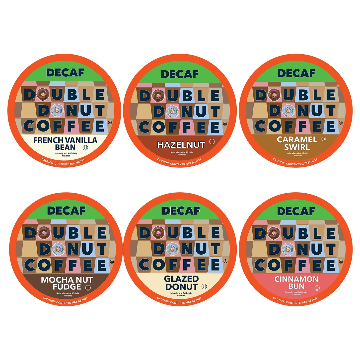 Double Donut Coffee Decaf Flavored Coffee Variety Pack - 72 Count for Keurig - 6 Traditional Flavors