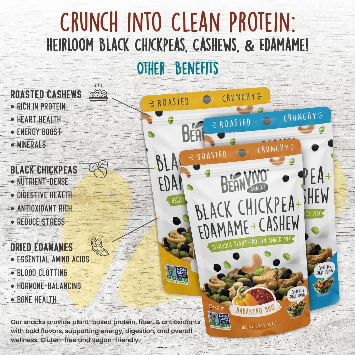 BeanVIVO Plant Based Protein Snacks - (7 Gram Protein) Sea Salt, Habanero BBQ & Dill Pickle with Dried Edamame, Roasted Cashew a