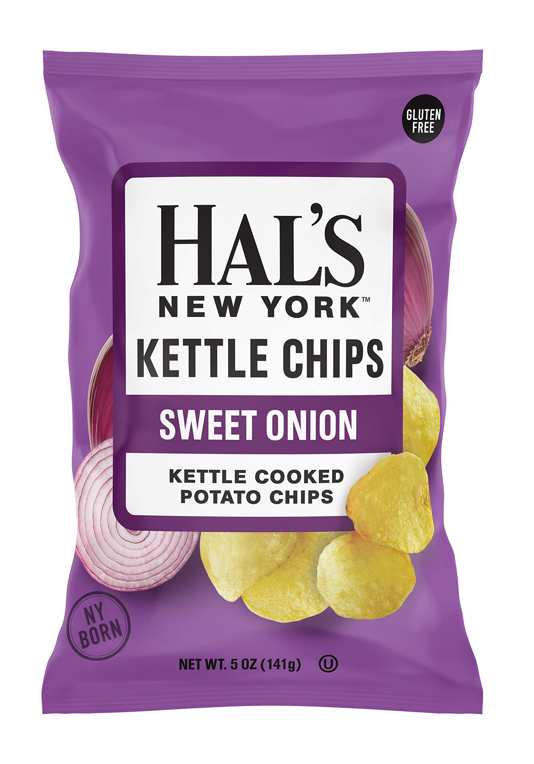 Hal's New York Kettle Cooked Potato Chips, Gluten Free, Sweet Onion, 5 oz Bag (Pack of 12)