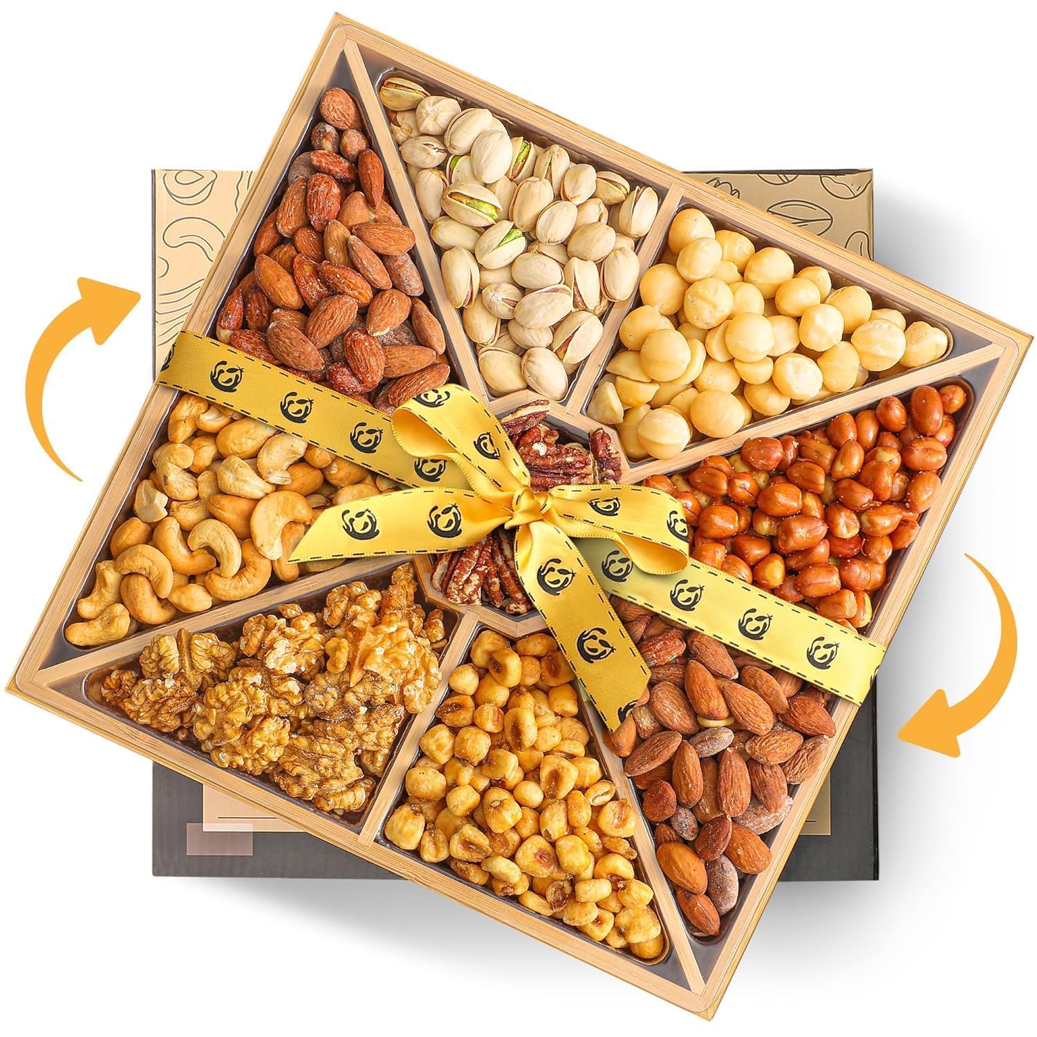 Valentines Day Gourmet Mixed Nuts Gift Basket with Lazy Susan | XL 2 LB Platter Includes 9 Assortments of Premium Nuts - Sleek B