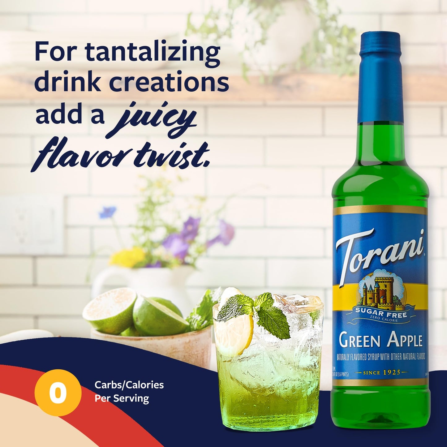 Torani Sugar Free Syrup, Green Apple Flavoring For Drinks, Zero Calorie, Pump Included, 25.4 Fl Oz