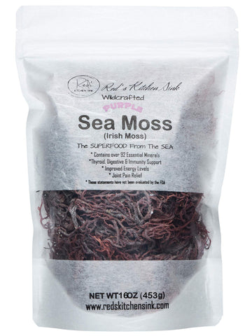 Reds Kitchen Sink Purple Sea Moss - Wildcrafted from St. Lucia | 16oz Makes ~200oz Sea Moss Gel | 100% Natural & Raw | Supports