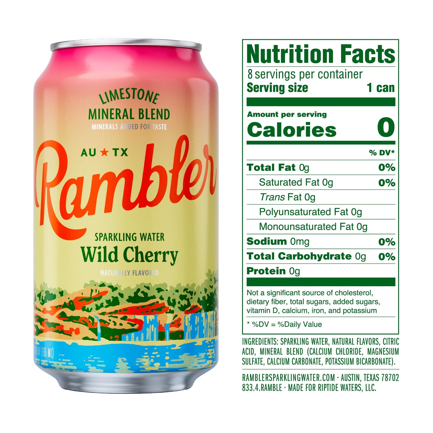AUTX RAMBLER Sparkling Water, Limestone Mineral Blend, Wild Cherry Flavor, 12-Ounce Cans, 12-Pack