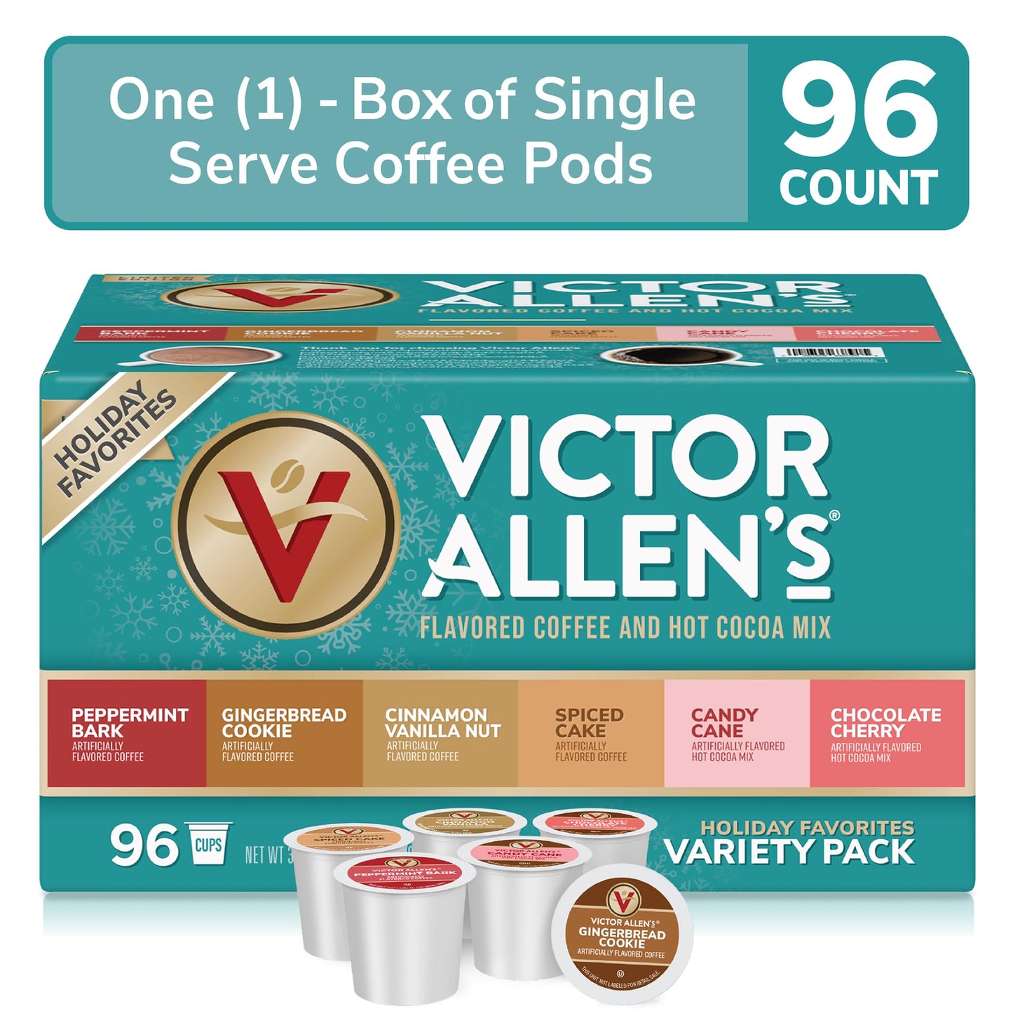 Victor Allens Coffee Holiday Favorites Variety Pack, 96 Count Single Serve Cups for Keurig, Brown