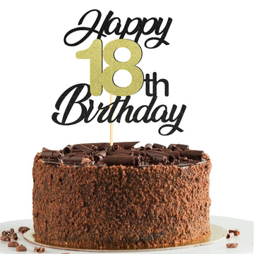 Sumerk Happy 18Th Birthday Cake Toppers Black & Gold Glitter 18Th Birthday Cake Decorations 18 Cake Topper For Birthday Party