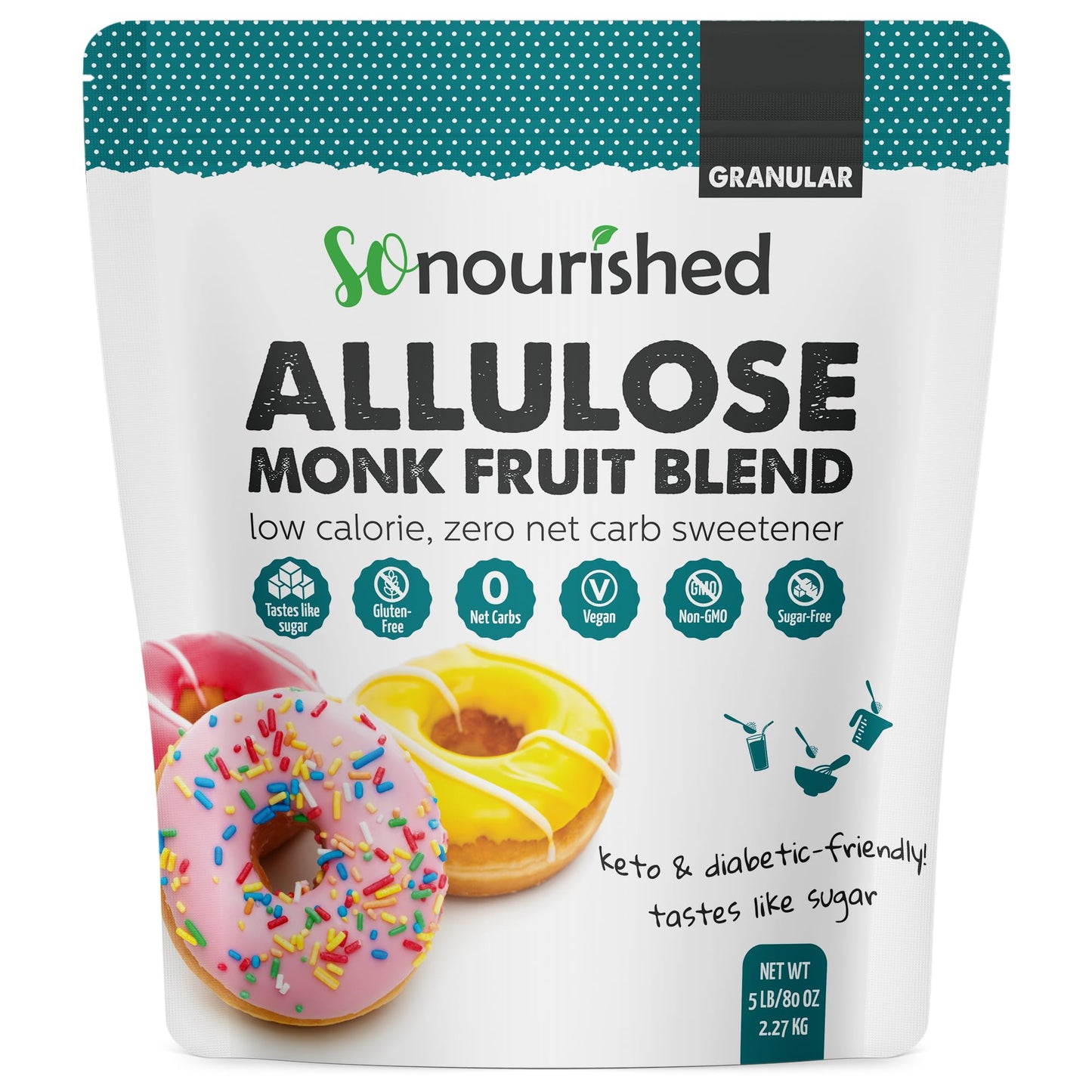 Monk Fruit Sweetener With Allulose Granular- 1:1 Sugar Substitute, Keto - 0 Calorie, 0 Net Carb, Non-Gmo (5 Lb / 80 Oz)