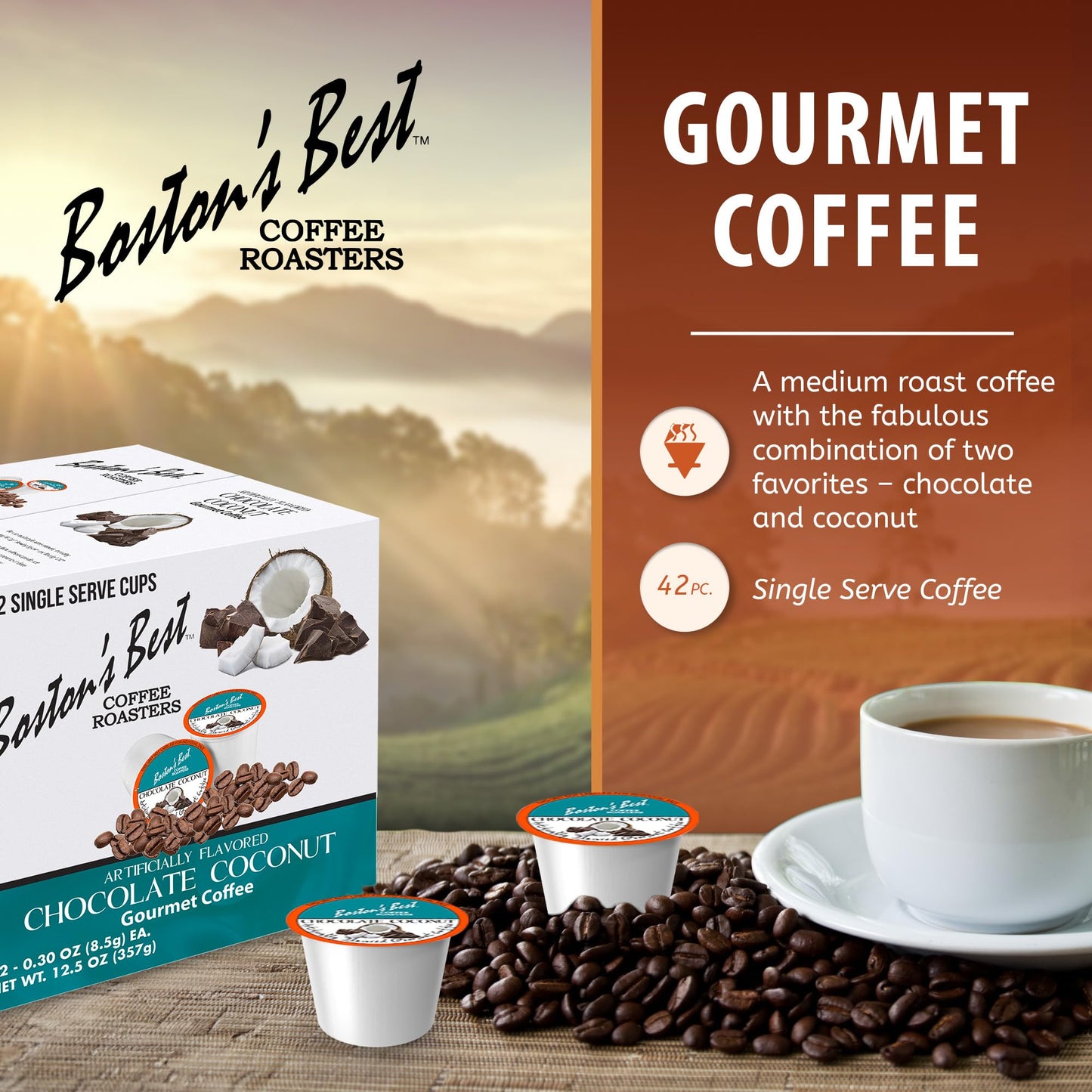 Bostons Best - Chocolate Coconut Flavored Dessert Gourmet Coffee Compatible with Keurig Coffee Maker, 1 Count (42 Single Serve M
