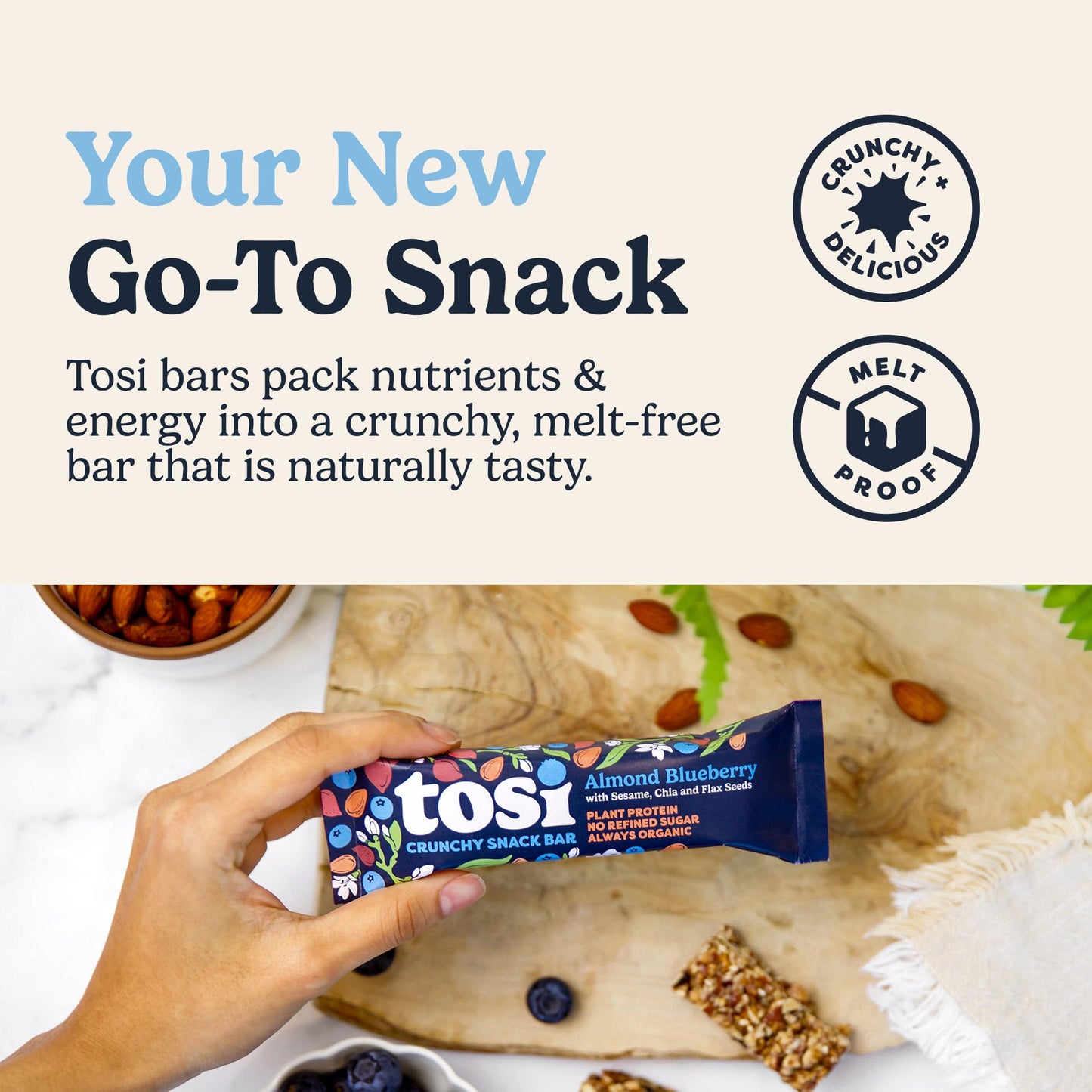 Tosi Almond Blueberry Protein Bars, Vegan, Gluten-Free, 12 Count, Organic, 5G Protein, Soy-Free, Omega 3s