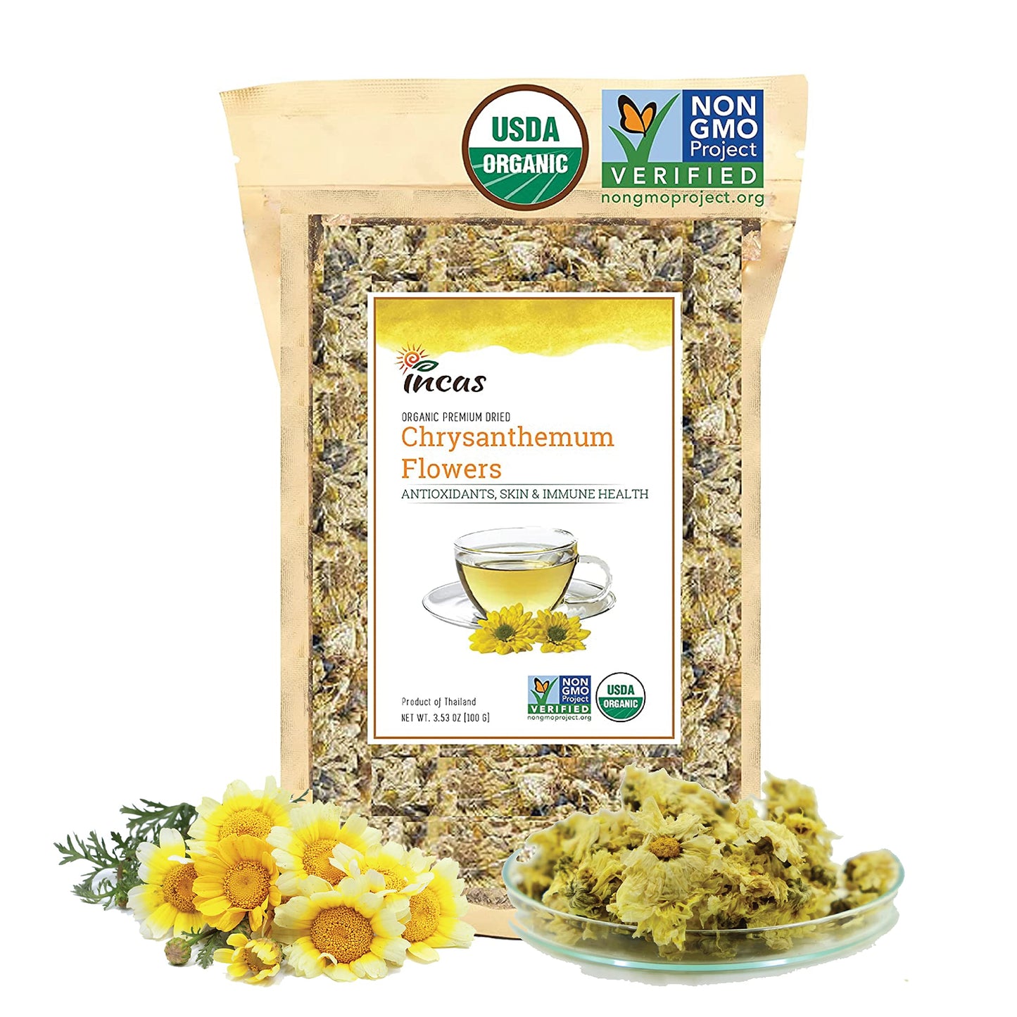 Incas 100% USDA Organic Chrysanthemum Tea - 3.53 oz Non-GMO, Caffeine Free, Gluten Free, Vegan, Antioxidant-Rich, Sourced from Thailand