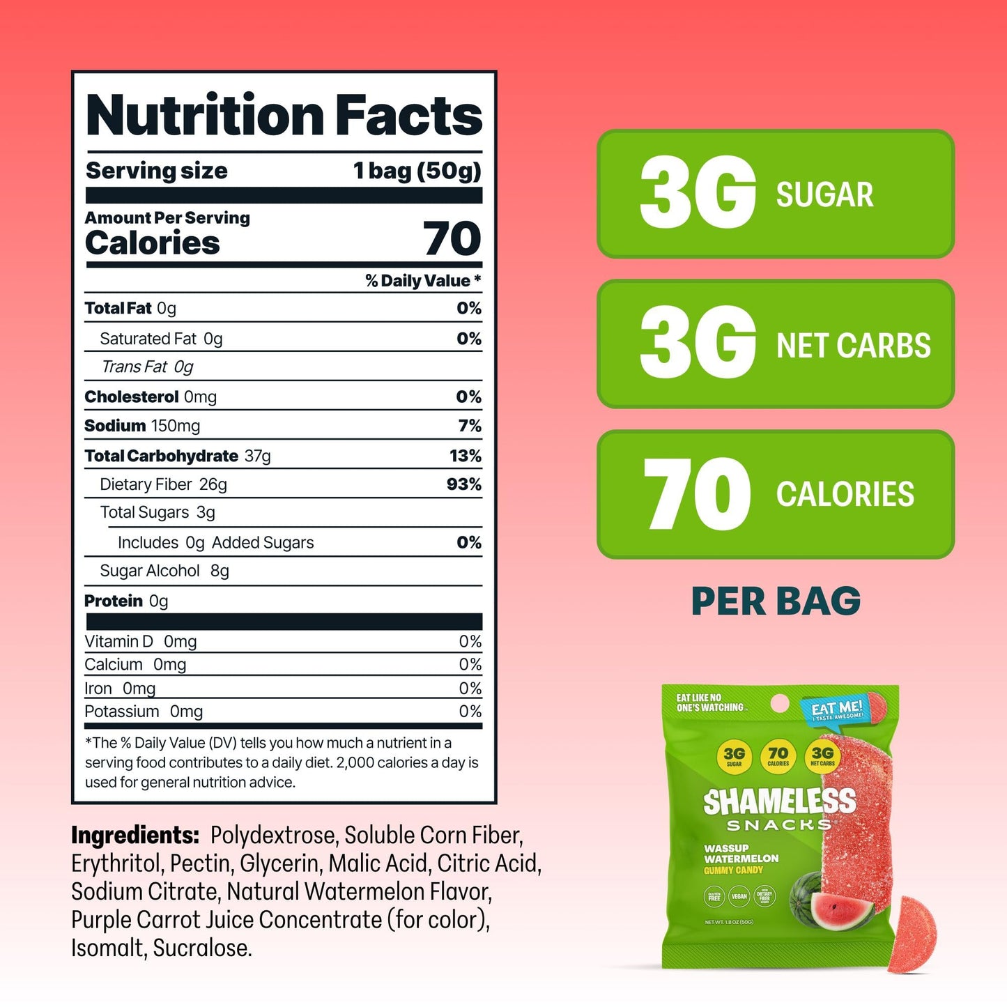 Shameless Snacks - Healthy Low Calorie Snacks, Low Carb Keto Gummies (Gluten Free Candy) - 6 Pack Wassup Watermelon