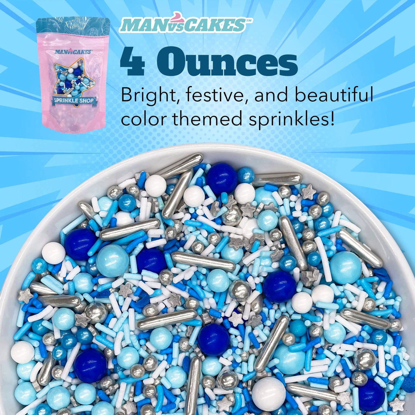 Manvscakes Edible Cake and Cupcake Sprinkles, Metallic Mix, 4 oz, Blue/Red