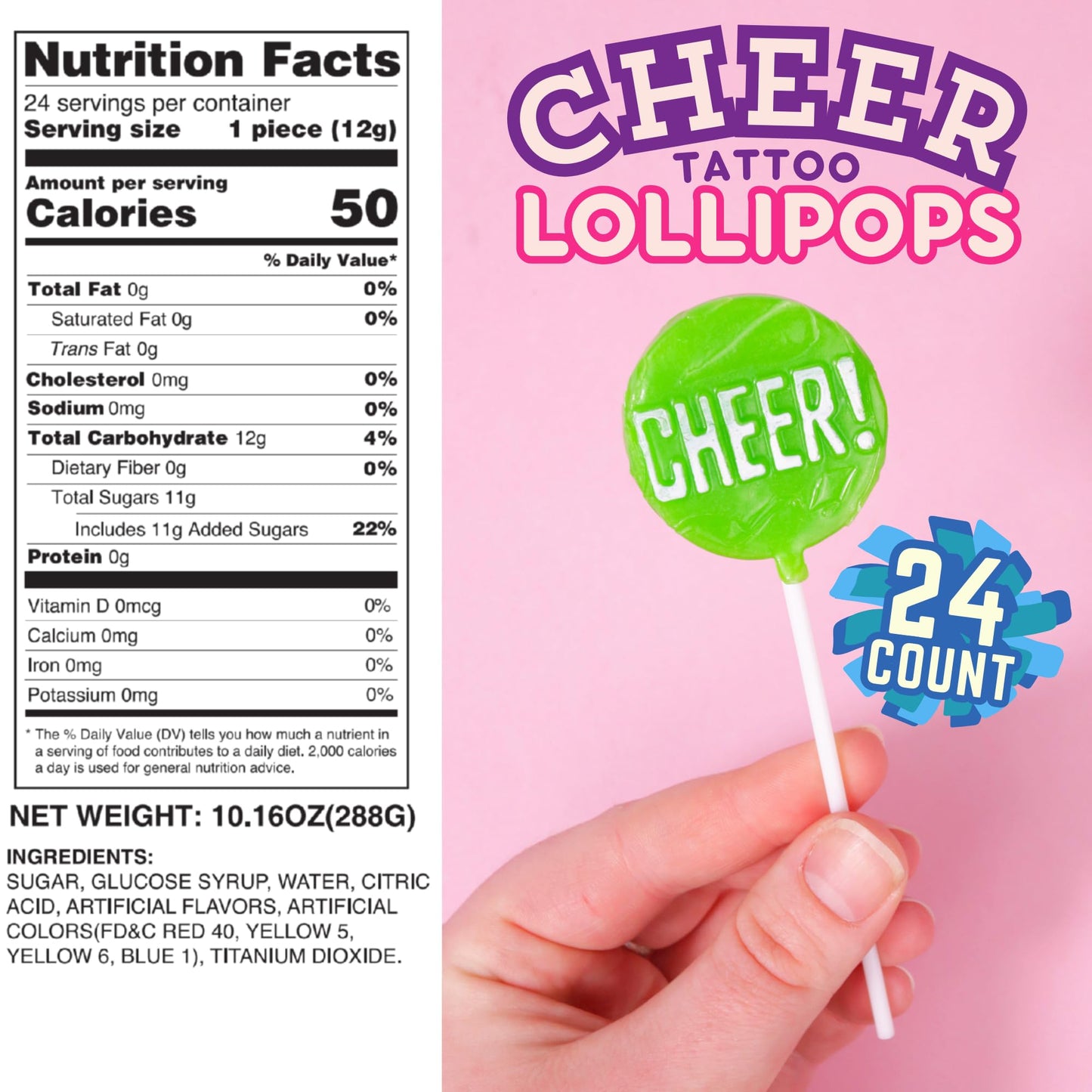 Cheer Tattoo Lollipops, Team Party Favor Candy Gifts, Individually Wrapped Suckers, Pack Of 24