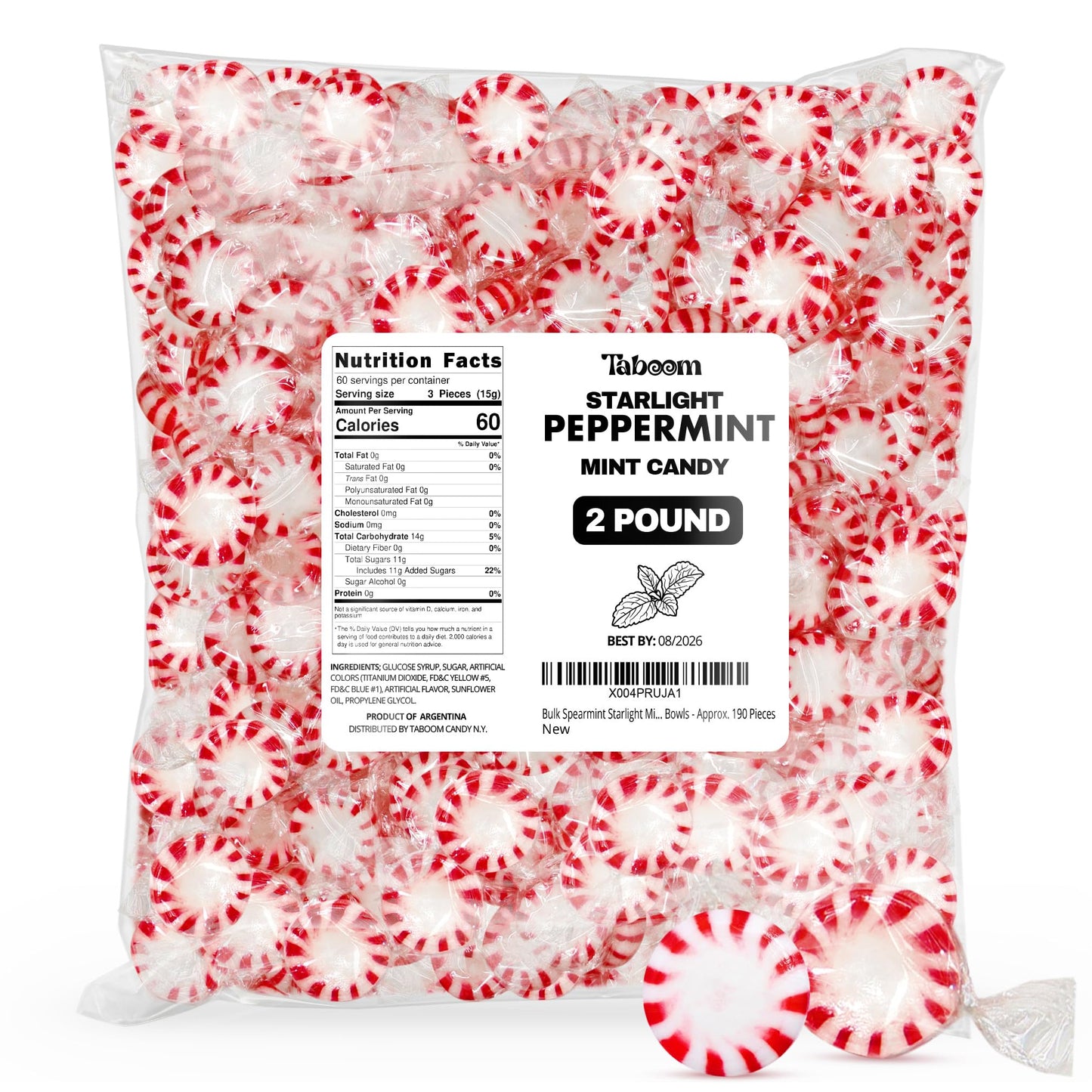 Taboom Bulk Starlight Peppermints Hard Candy - 2 Pound, 144 Individually Wrapped Discs for Holiday Parties and Treats