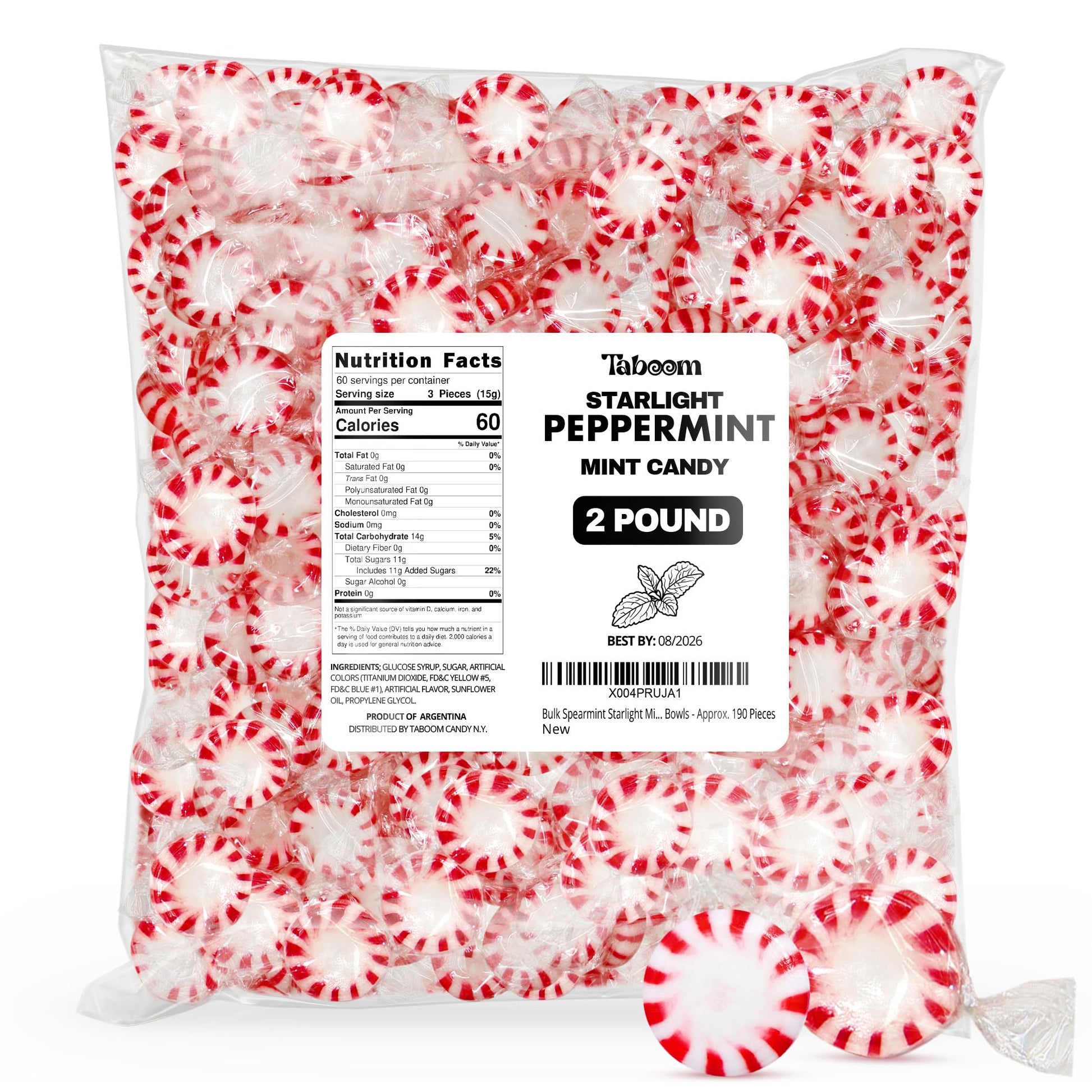 Taboom Bulk Starlight Peppermints Hard Candy - 2 Pound, 144 Individually Wrapped Discs for Holiday Parties and Treats
