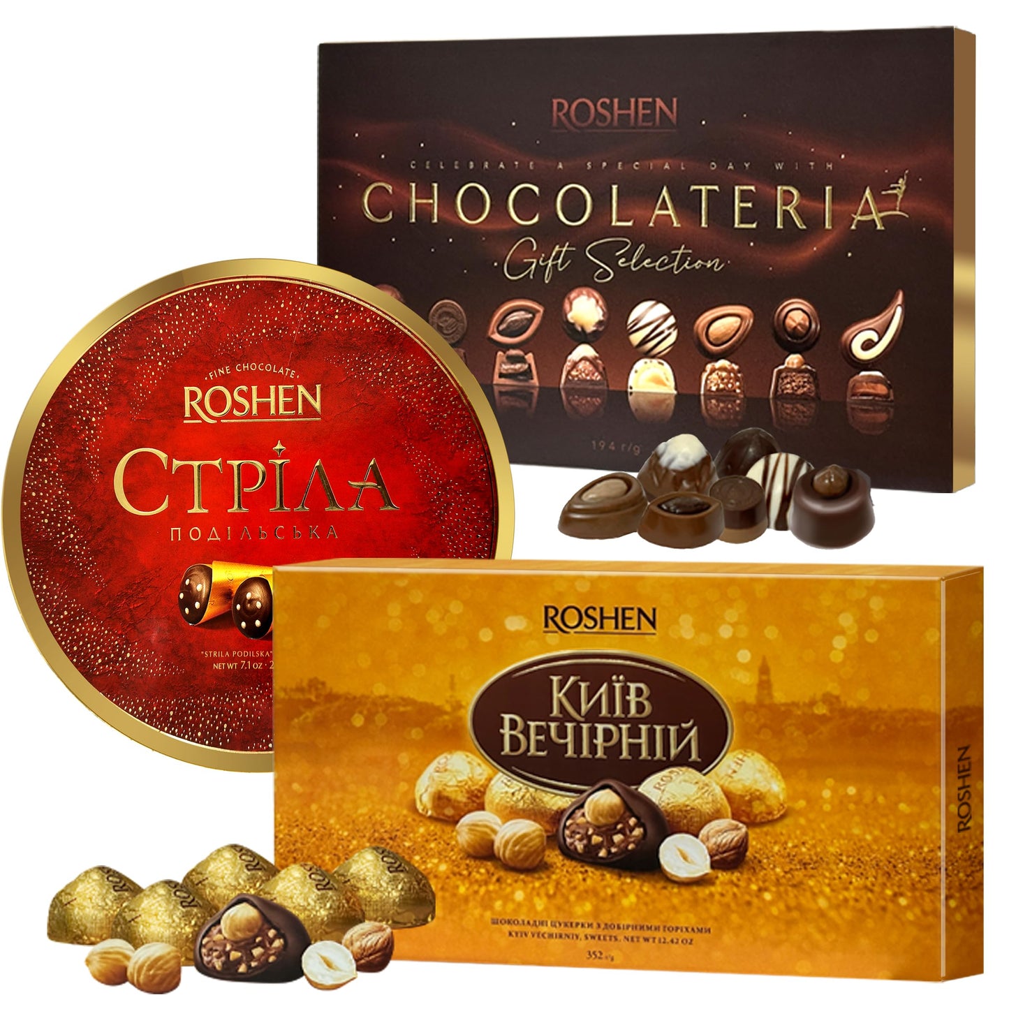 Roshen Chocolate Gift Boxes Bundle  Kyiv Vechirnii 12.4 Oz  Chocolateria 6.8 Oz & Strila Podilska 7.3 Oz  Assorted Gourmet Dark Chocolates  Elegant European Candy Gift Set Of 3 For Birthday & Holidays
