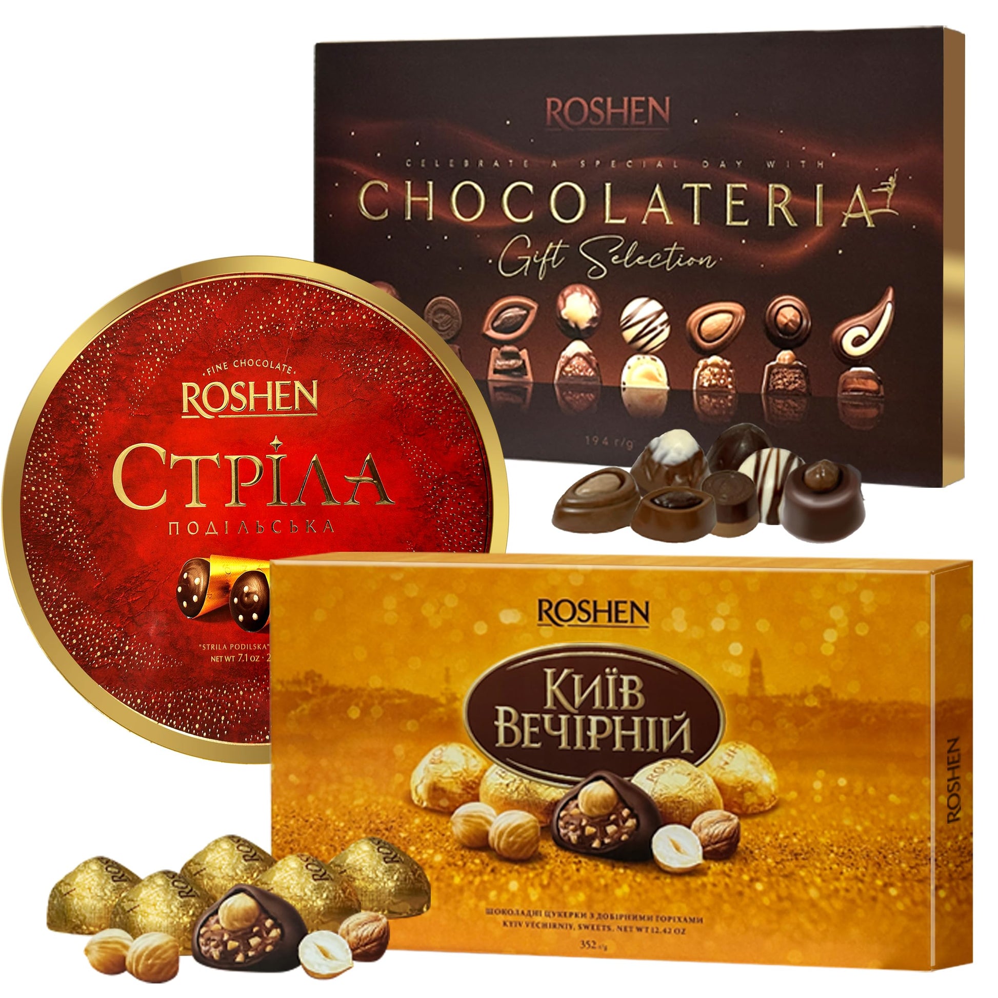 Roshen Chocolate Gift Boxes Bundle  Kyiv Vechirnii 12.4 Oz  Chocolateria 6.8 Oz & Strila Podilska 7.3 Oz  Assorted Gourmet Dark Chocolates  Elegant European Candy Gift Set Of 3 For Birthday & Holidays