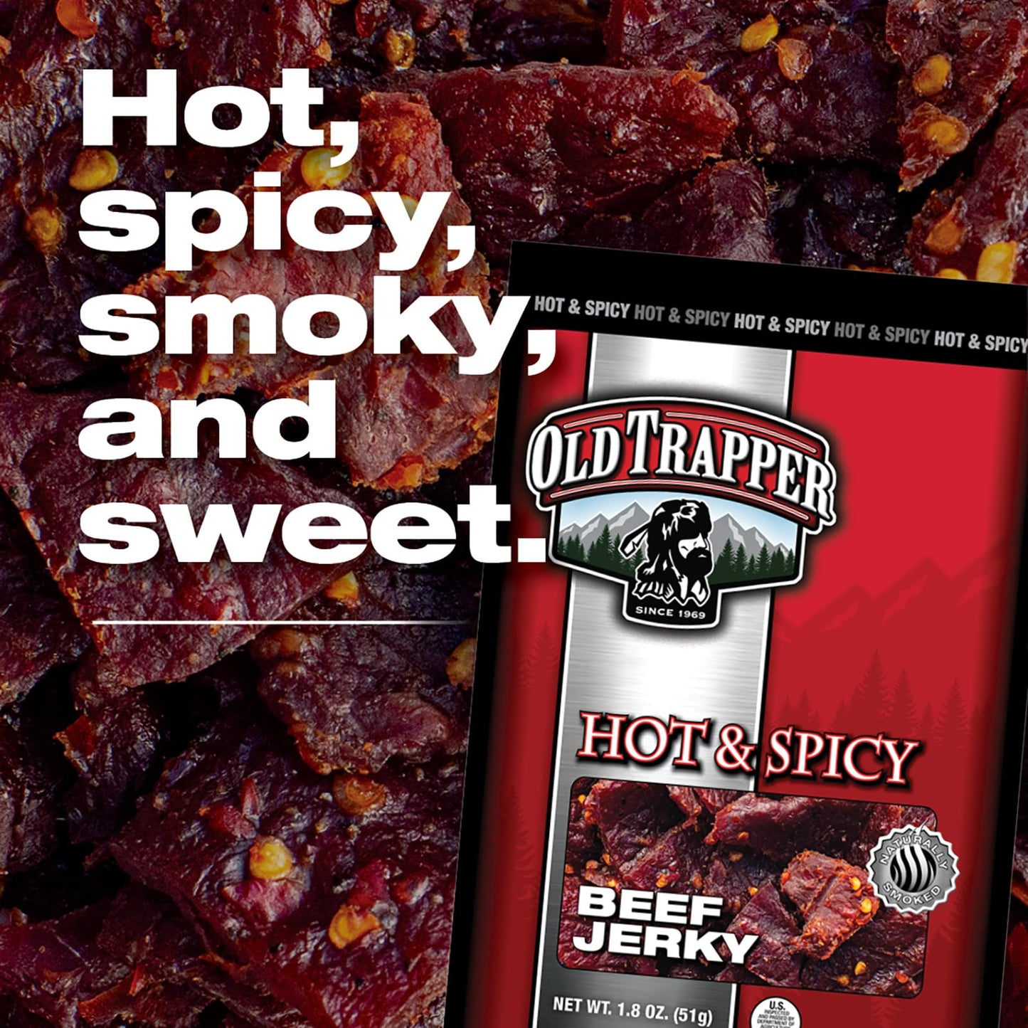 Old Trapper Beef Jerky, Hot & Spicy Flavor, 1.8-Ounce Individual Packs, Great Size For Quick Snacking, 11 Grams Of Protein And 7