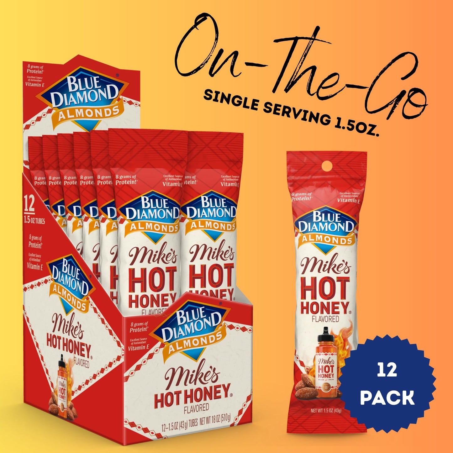Blue Diamond Almonds, Made With Mikes Hot Honey Infused With Chilies For A Perfect Sweet And Spicy Snack Nut Combination, Pack O