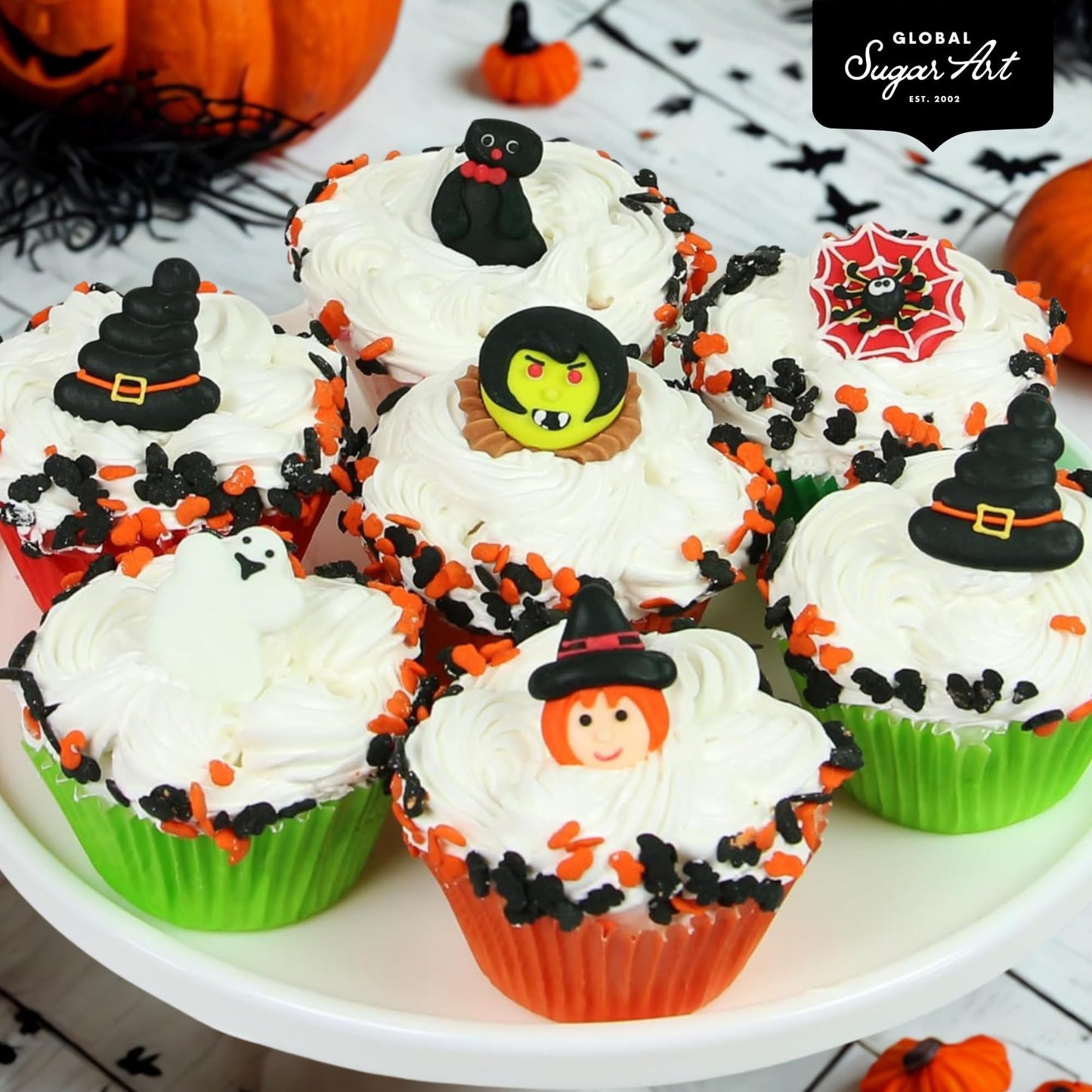 Global Sugar Art Halloween Edible Decorations - 48 Royal Icing Toppers, 1 Square, Black, Hand-Piped, Individually Wrapped