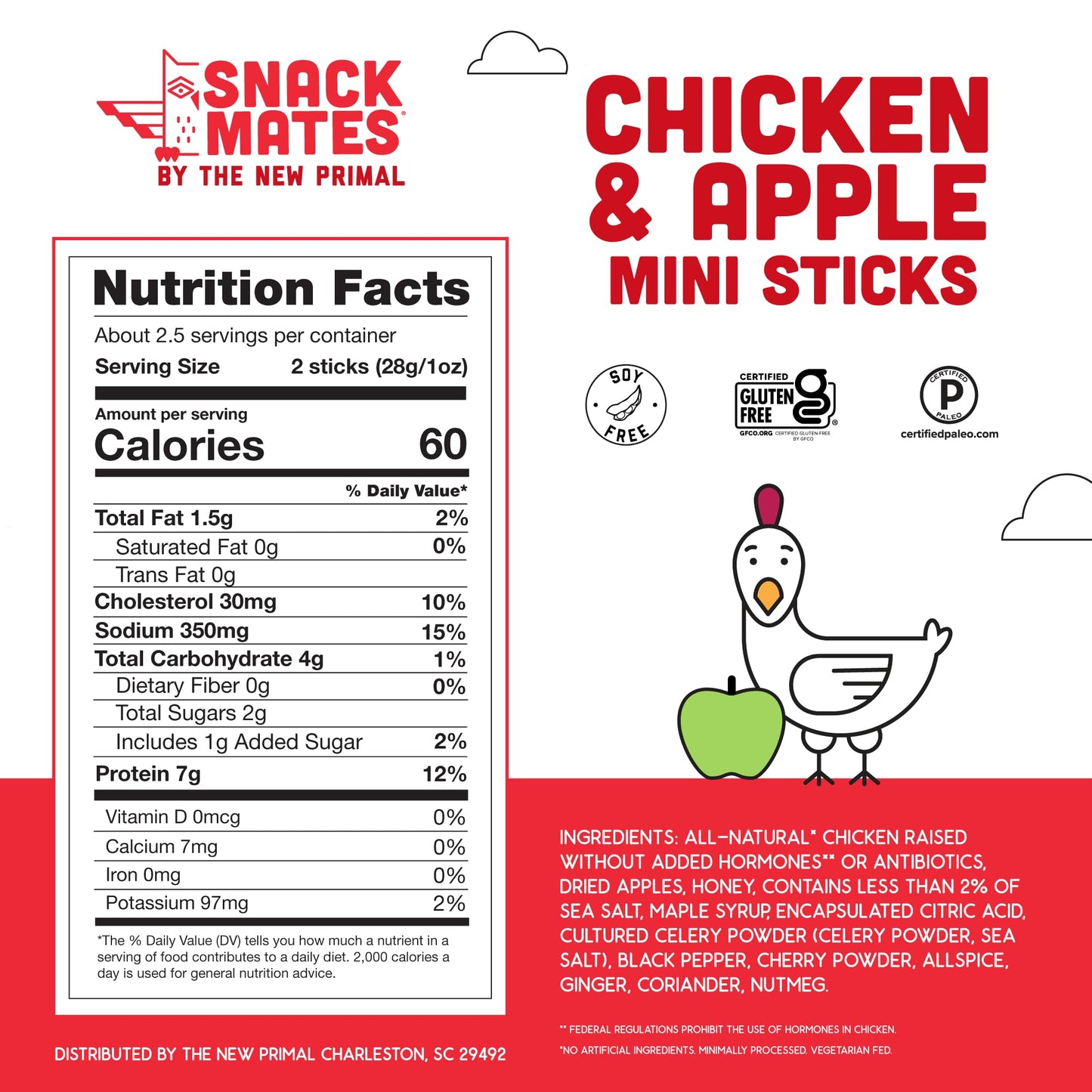 The New Primal Snack Mates, Chicken and Apple Stick - All Natural Chicken, High Protein and Low Sugar Kids Snack, Certified Pale