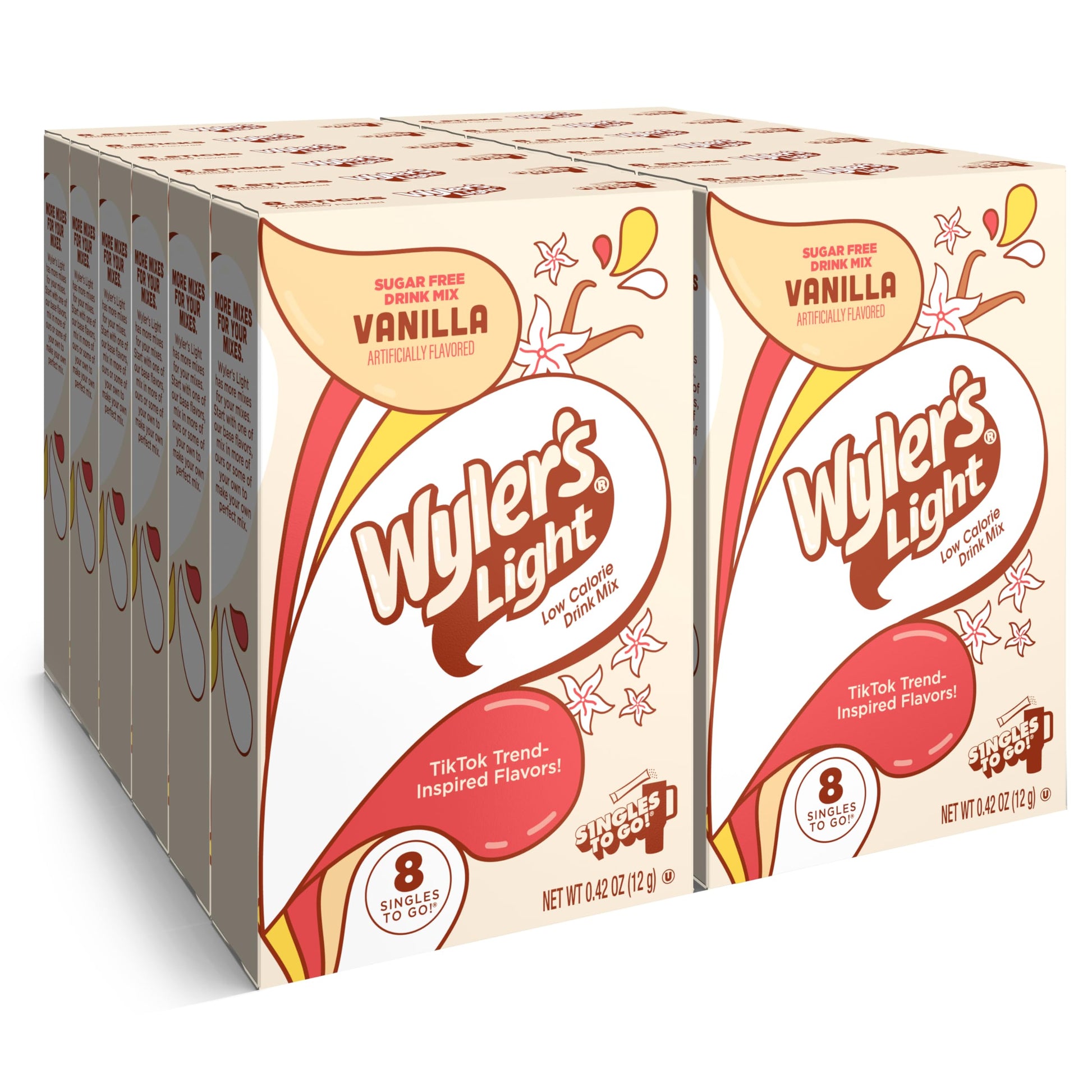 Wylers Light Singles To Go Powder Packets  Water Drink Mix  Watertok Vanilla  96 Servings  8 Count x Pack of 12